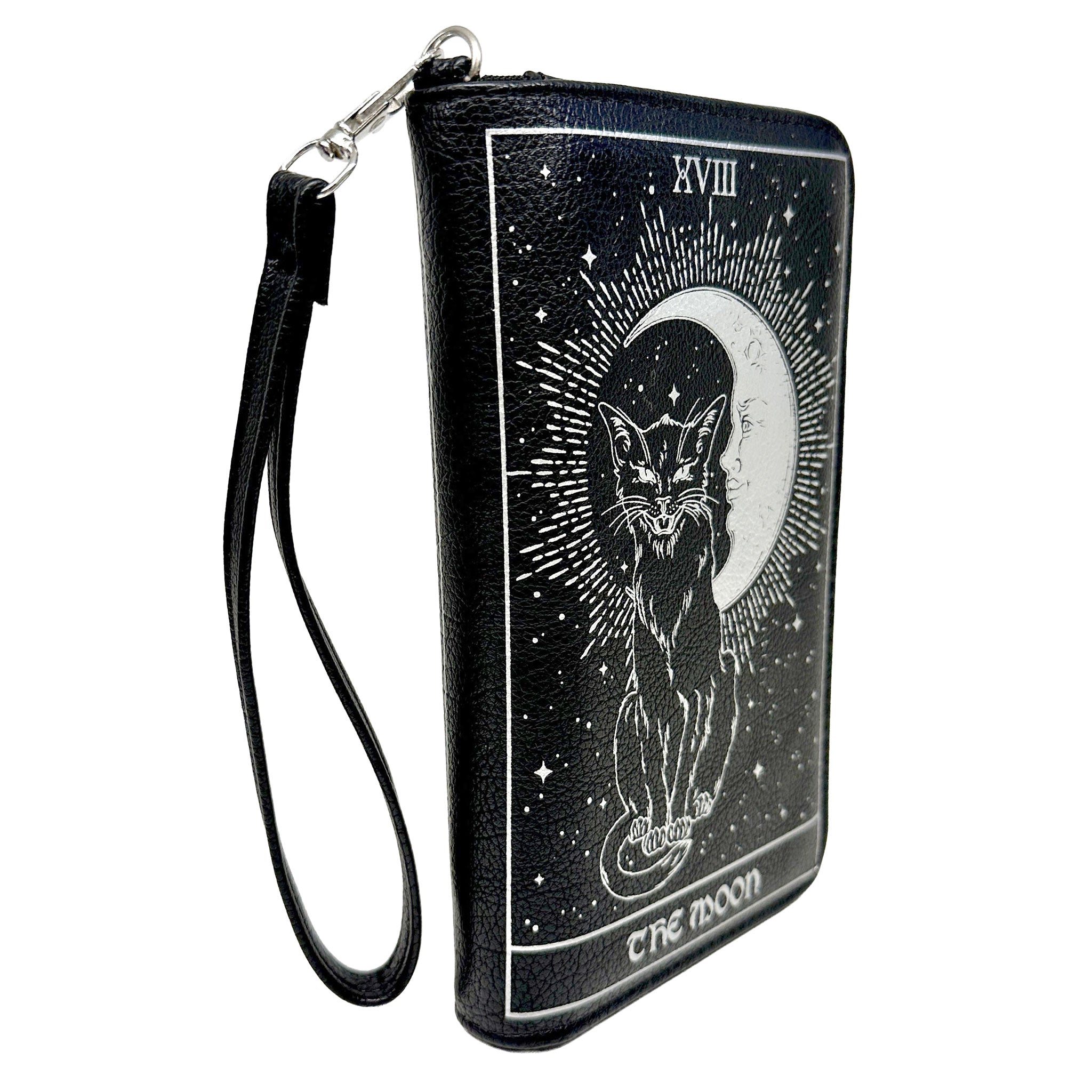 Vinyl accessories wallet book-wallet tarot-card rider-waite-smith the-moon-tarot death-tarot wrist-strap wristlet-strap detachable removable zipper full-zip zip-pocket slip-pocket ID-slot ID-window card-slot snap-button interior-pockets organizer edgy card-reading casual everyday alt-fashion fashion alternative punk goth gothic costume cosplay halloween halloween-accessories holiday-shop gifts skeleton skeletal cat lunar-phase unisex black