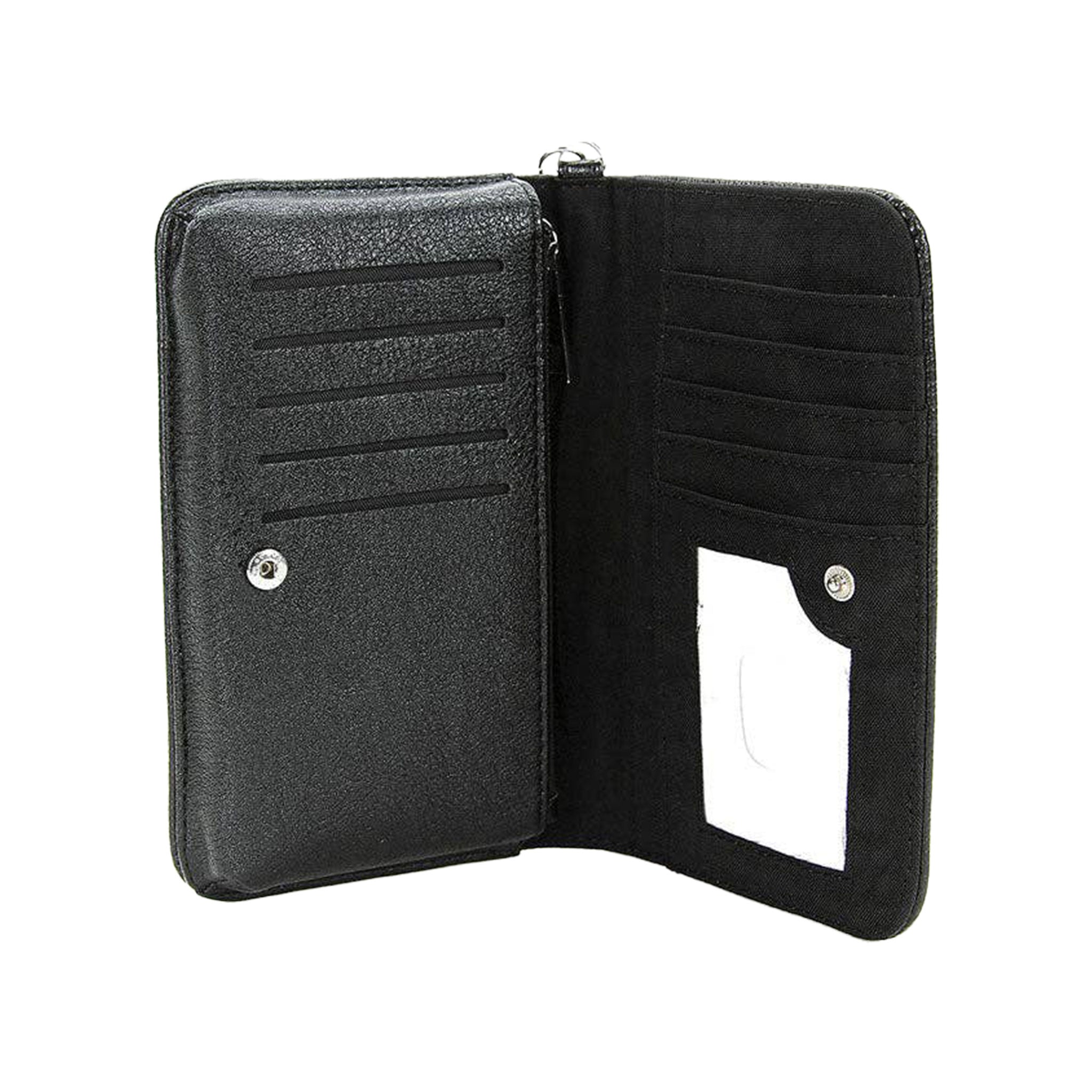 Vinyl accessories wallet book-wallet tarot-card rider-waite-smith the-moon-tarot death-tarot wrist-strap wristlet-strap detachable removable zipper full-zip zip-pocket slip-pocket ID-slot ID-window card-slot snap-button interior-pockets organizer edgy card-reading casual everyday alt-fashion fashion alternative punk goth gothic costume cosplay halloween halloween-accessories holiday-shop gifts skeleton skeletal cat lunar-phase unisex black