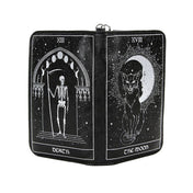 Vinyl accessories wallet book-wallet tarot-card rider-waite-smith the-moon-tarot death-tarot wrist-strap wristlet-strap detachable removable zipper full-zip zip-pocket slip-pocket ID-slot ID-window card-slot snap-button interior-pockets organizer edgy card-reading casual everyday alt-fashion fashion alternative punk goth gothic costume cosplay halloween halloween-accessories holiday-shop gifts skeleton skeletal cat lunar-phase unisex black