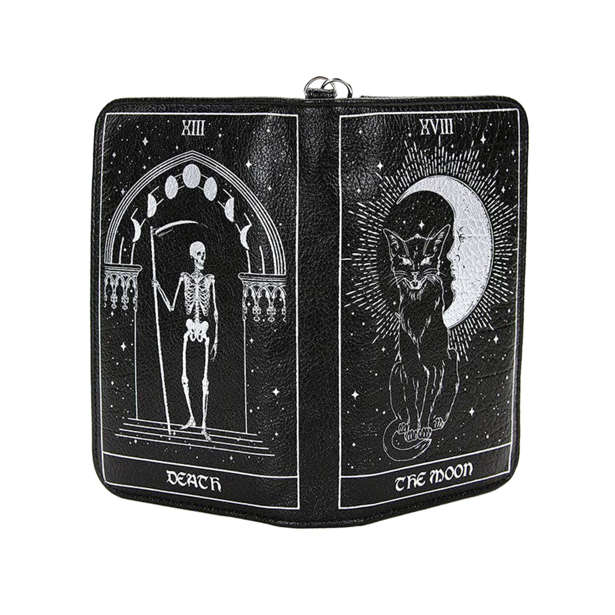 Vinyl accessories wallet book-wallet tarot-card rider-waite-smith the-moon-tarot death-tarot wrist-strap wristlet-strap detachable removable zipper full-zip zip-pocket slip-pocket ID-slot ID-window card-slot snap-button interior-pockets organizer edgy card-reading casual everyday alt-fashion fashion alternative punk goth gothic costume cosplay halloween halloween-accessories holiday-shop gifts skeleton skeletal cat lunar-phase unisex black