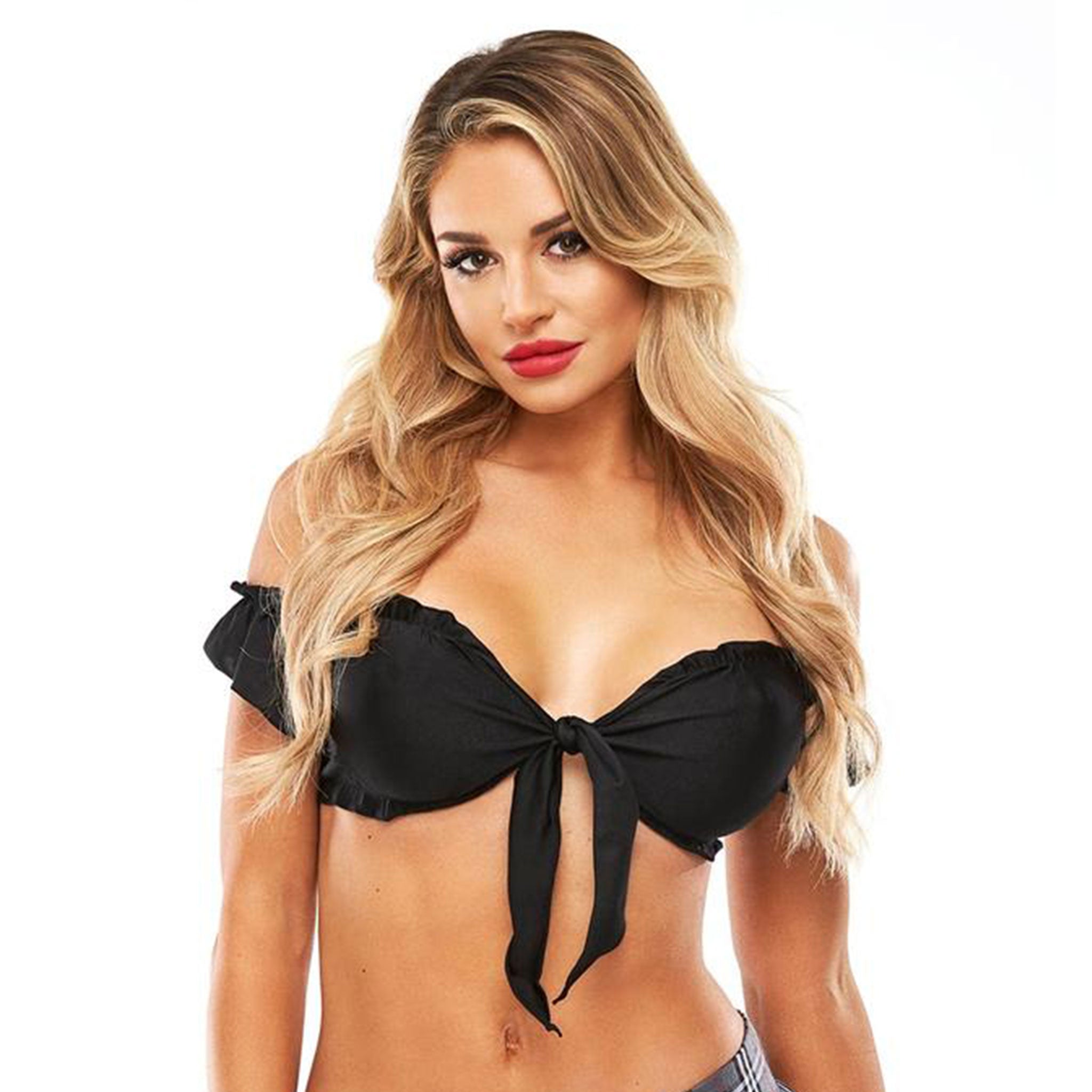 Polyester polyester-blend spandex top crop-top croptop tie-front off-shoulder breathable accessories costume cosplay halloween roleplay role-play schoolgirl back-to-school back2school uniform school-uniform fantasy fun flirty versatile teachers-pet female femme feminine women black