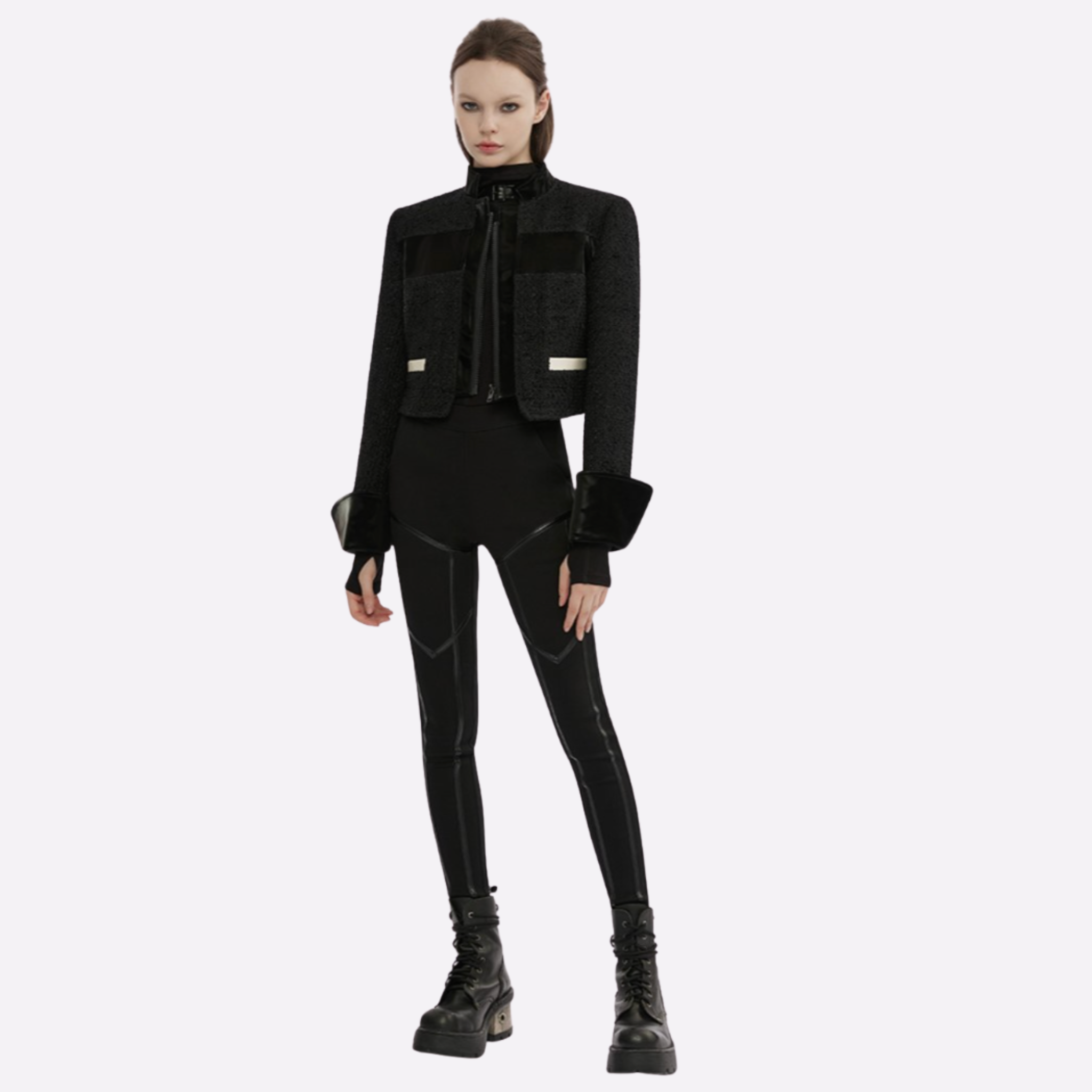 techwear leggings jeans look black leggings faux leather trim slim fit streetwear alternative fashion gothic pants elastic waistband edgy casual wear