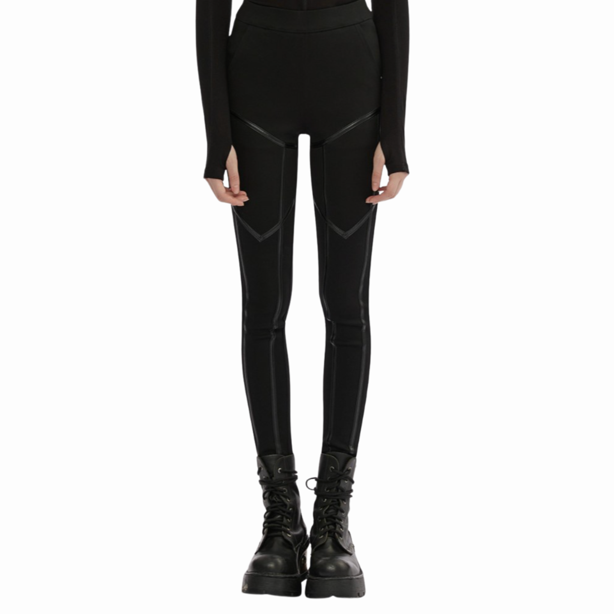 techwear leggings jeans look black leggings faux leather trim slim fit streetwear alternative fashion gothic pants elastic waistband edgy casual wear