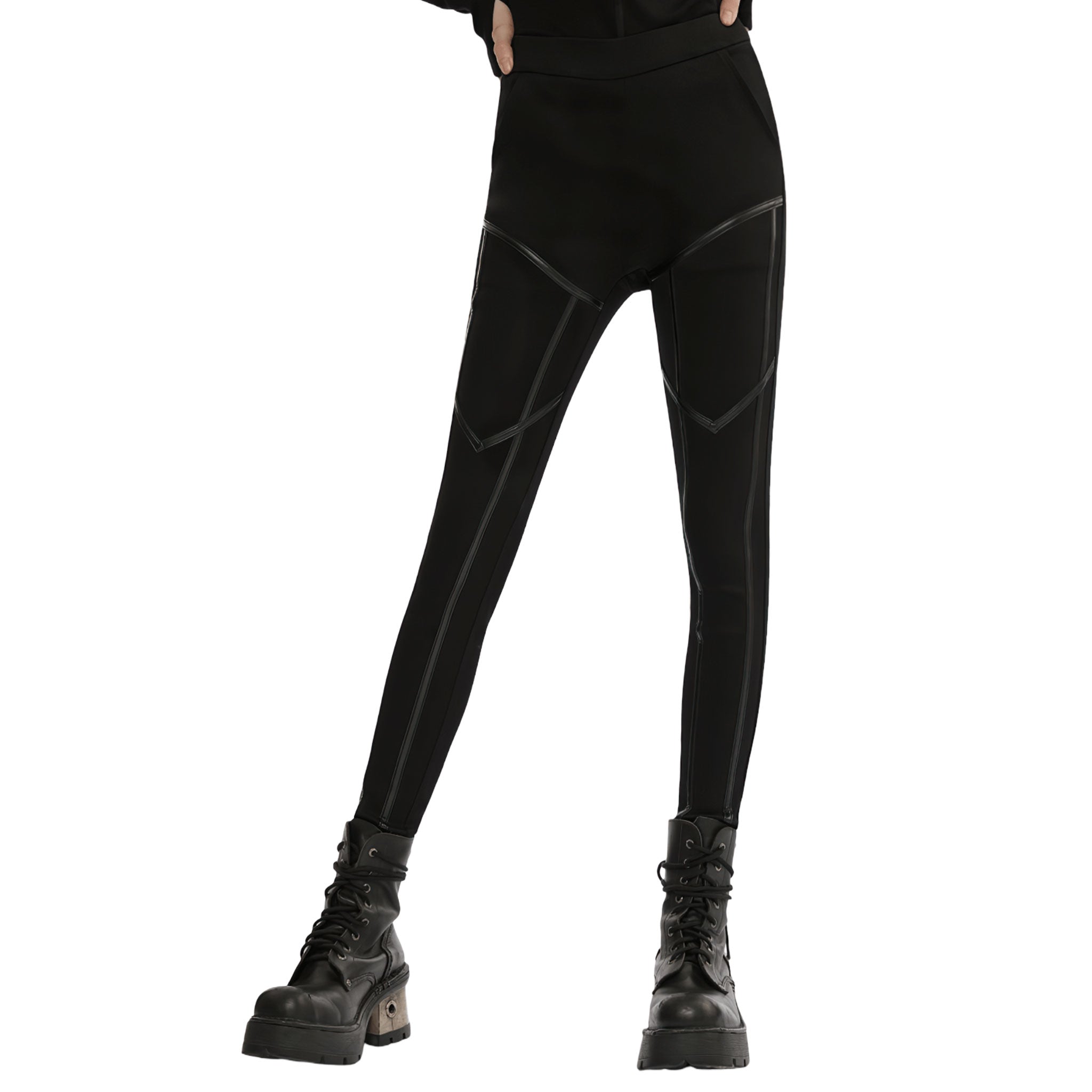 Woven-fabric leather faux-leather viscose polyamide elastane polyester PU apparel bottoms pants long-leg jeans-inspired leggings slim-fit waistband wide-waistband pockets slash-pockets elastic stretchy edgy sleek comfortable fetish fashion alt-fashion alternative punk rocker goth gothic goth-doll corporate-goth cyber cyberpunk techwear casual streetwear afterdark afterdark-collection female femme feminine womens black
