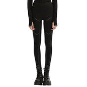 Woven-fabric leather faux-leather viscose polyamide elastane polyester PU apparel bottoms pants long-leg jeans-inspired leggings slim-fit waistband wide-waistband pockets slash-pockets elastic stretchy edgy sleek comfortable fetish fashion alt-fashion alternative punk rocker goth gothic goth-doll corporate-goth cyber cyberpunk techwear casual streetwear afterdark afterdark-collection female femme feminine womens black