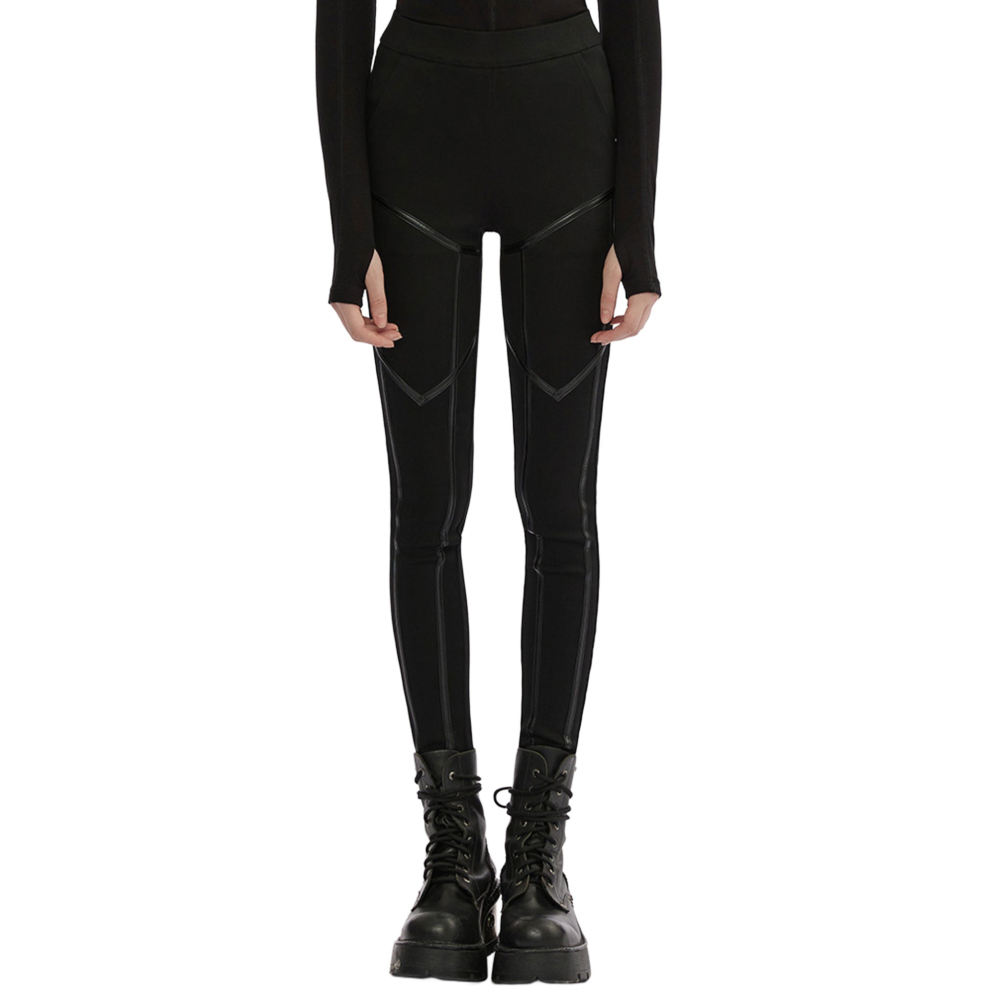 Woven-fabric leather faux-leather viscose polyamide elastane polyester PU apparel bottoms pants long-leg jeans-inspired leggings slim-fit waistband wide-waistband pockets slash-pockets elastic stretchy edgy sleek comfortable fetish fashion alt-fashion alternative punk rocker goth gothic goth-doll corporate-goth cyber cyberpunk techwear casual streetwear afterdark afterdark-collection female femme feminine womens black