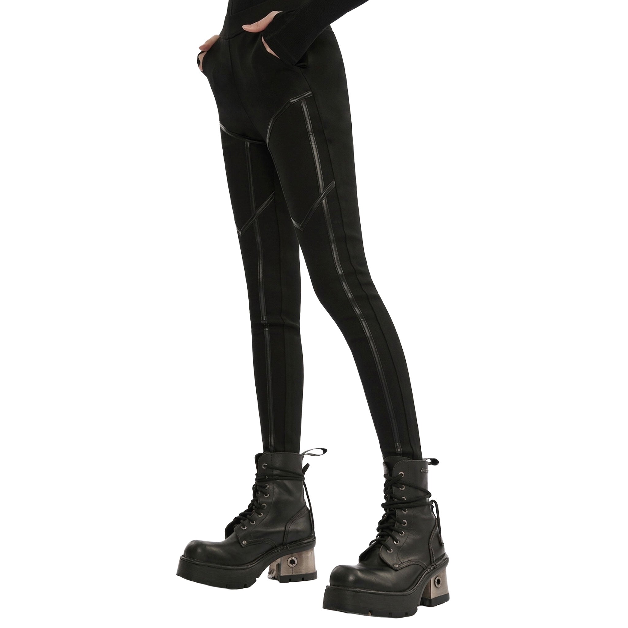 Woven-fabric leather faux-leather viscose polyamide elastane polyester PU apparel bottoms pants long-leg jeans-inspired leggings slim-fit waistband wide-waistband pockets slash-pockets elastic stretchy edgy sleek comfortable fetish fashion alt-fashion alternative punk rocker goth gothic goth-doll corporate-goth cyber cyberpunk techwear casual streetwear afterdark afterdark-collection female femme feminine womens black