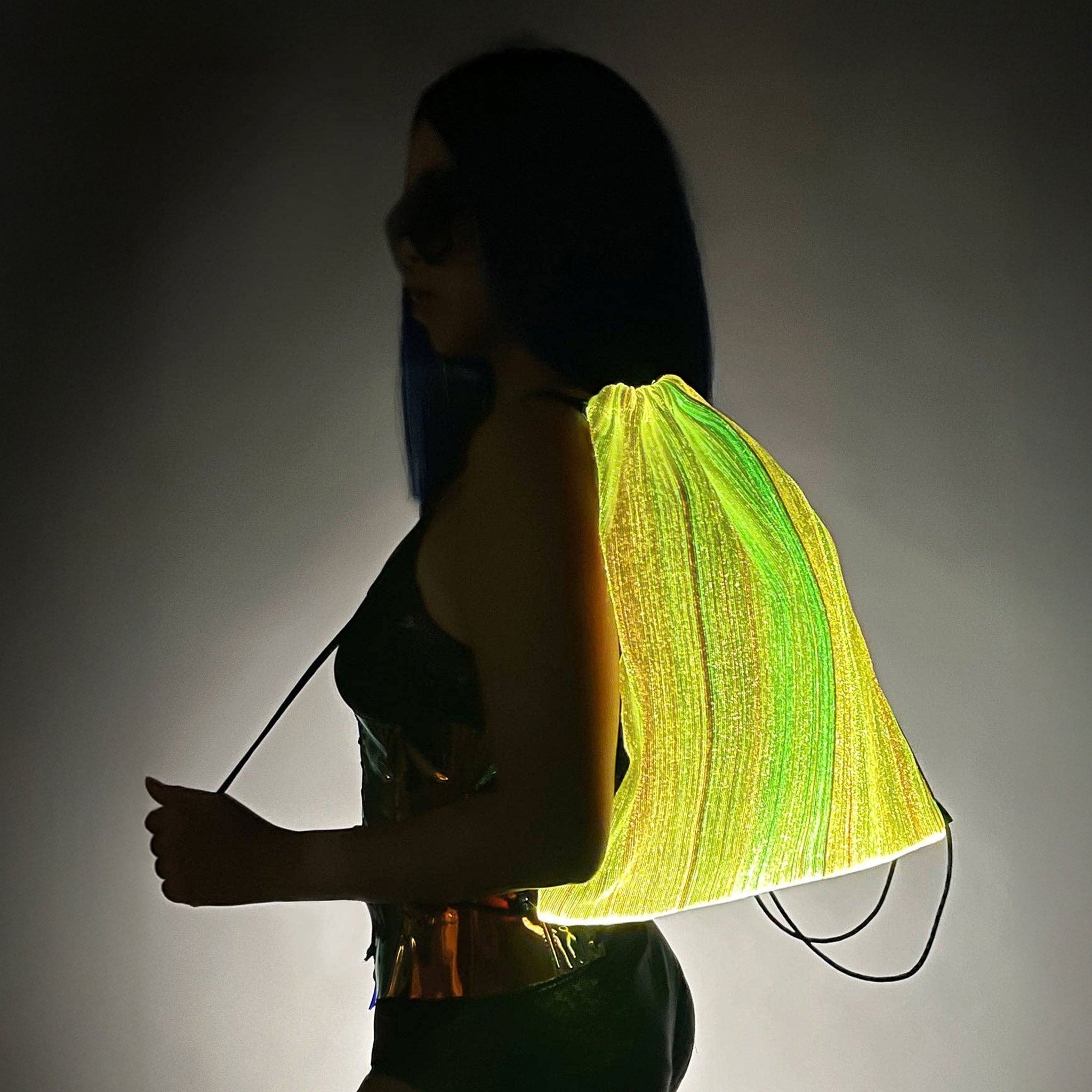 Nylon mesh fiberoptic fiber-optic accessories luggage backpack drawstring bookbag light-up lightup back-panel paracord shoulder-straps power-switch encased usb-rechargeable breathable reflective flashing color-changing cute fashion alt-fashion festival rave ravewear costume cosplay halloween gifts unisex black