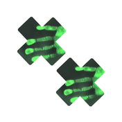 Adhesive medical-grade temperature-reactive heat-reactive heat-sensitive color-changing hypercolor thermoreactive self-adhesive hypoallergenic latex-free accessories nipple pasties nipple-pasties nipple-shields nipple-covers breast-shields x-shaped soft comfortable cyber cyberpunk cyber-punk hippie psychedelic punk radioactive fashion alt-fashion rave ravewear festival concert clubbing clubwear costume cosplay halloween unisex black green neon-green two-tone pride 