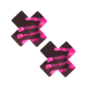 Synthetic-fabric adhesive self-adhesive self-adhering accessories intimates pasties nipple nipple-pasties nipple-covers breast-petals x-shaped temperature temperature-sensitive thermochromic temp-play UV-neon fetish fashion alt-fashion festivalwear clubwear rave ravewear raver-babe neon-hex costume cosplay halloween valentines unisex color-changing pink neon-pink black