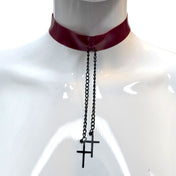 Latex rubber satin-ribbon metallic-chain accessories latex-accessories choker collar hanging-chains cross crucifix charm adjustable metallic-grommets lightweight fetish fashion alt-fashion goth gothic goth-doll bondage bdsm bdsm-gear kink kinky kinkwear costume cosplay halloween nun vampire succubus unisex red blood-red
