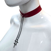 Latex rubber satin-ribbon metallic-chain accessories latex-accessories choker collar hanging-chains cross crucifix charm adjustable metallic-grommets lightweight fetish fashion alt-fashion goth gothic goth-doll bondage bdsm bdsm-gear kink kinky kinkwear costume cosplay halloween nun vampire succubus unisex red blood-red