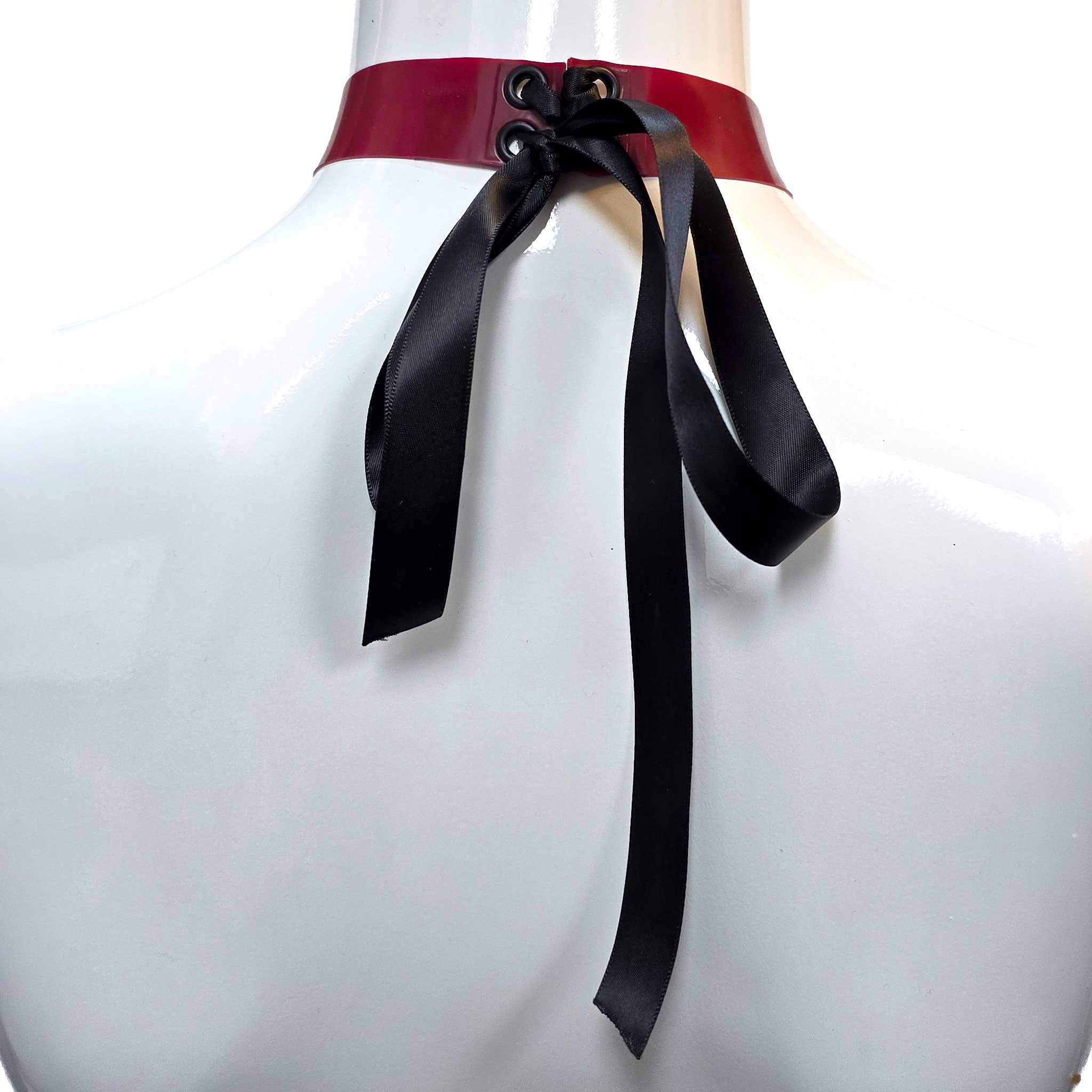 Latex rubber satin-ribbon metallic-chain accessories latex-accessories choker collar hanging-chains cross crucifix charm adjustable metallic-grommets lightweight fetish fashion alt-fashion goth gothic goth-doll bondage bdsm bdsm-gear kink kinky kinkwear costume cosplay halloween nun vampire succubus unisex red blood-red