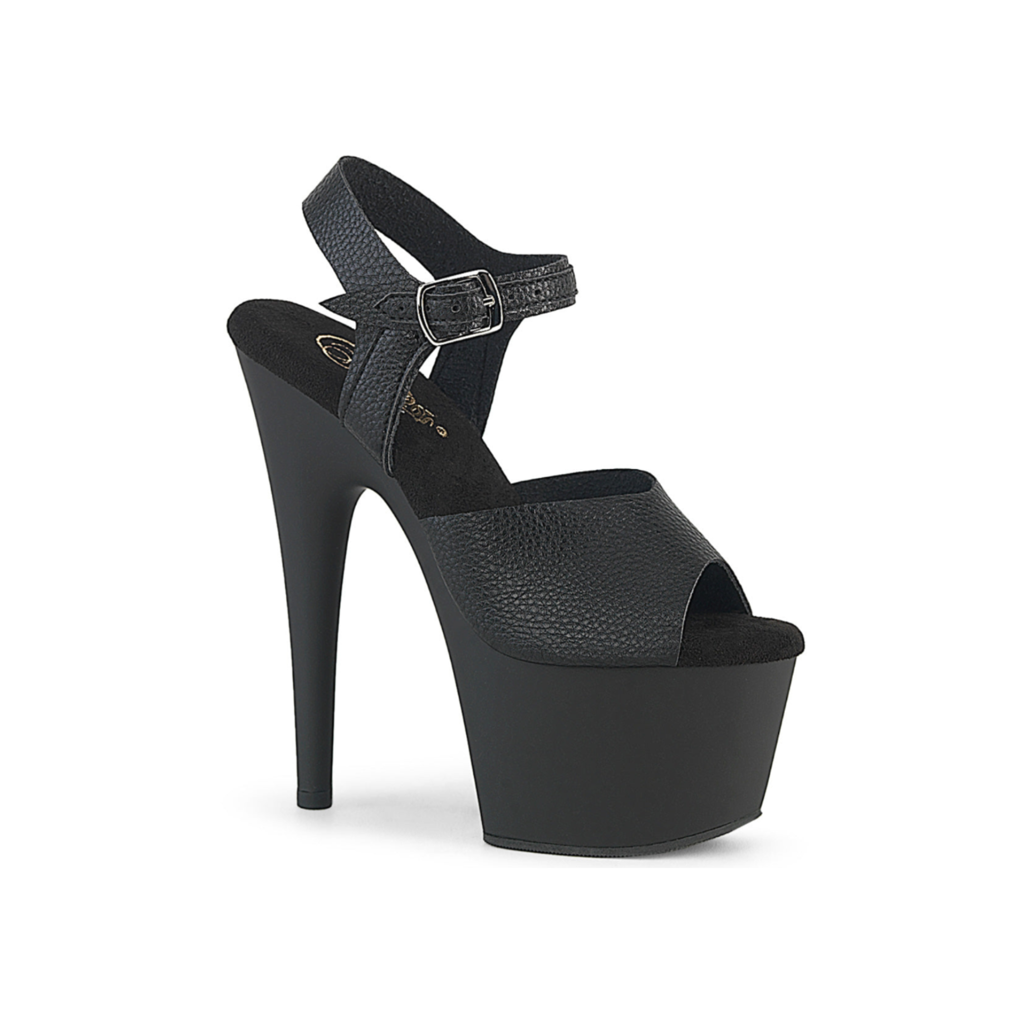 Textured vegan faux leather platform sandals, 7-inch high heel slip-on design, edgy statement footwear for fetish, club, or stage wear.