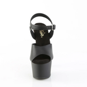 Textured vegan faux leather platform sandals, 7-inch high heel slip-on design, edgy statement footwear for fetish, club, or stage wear.