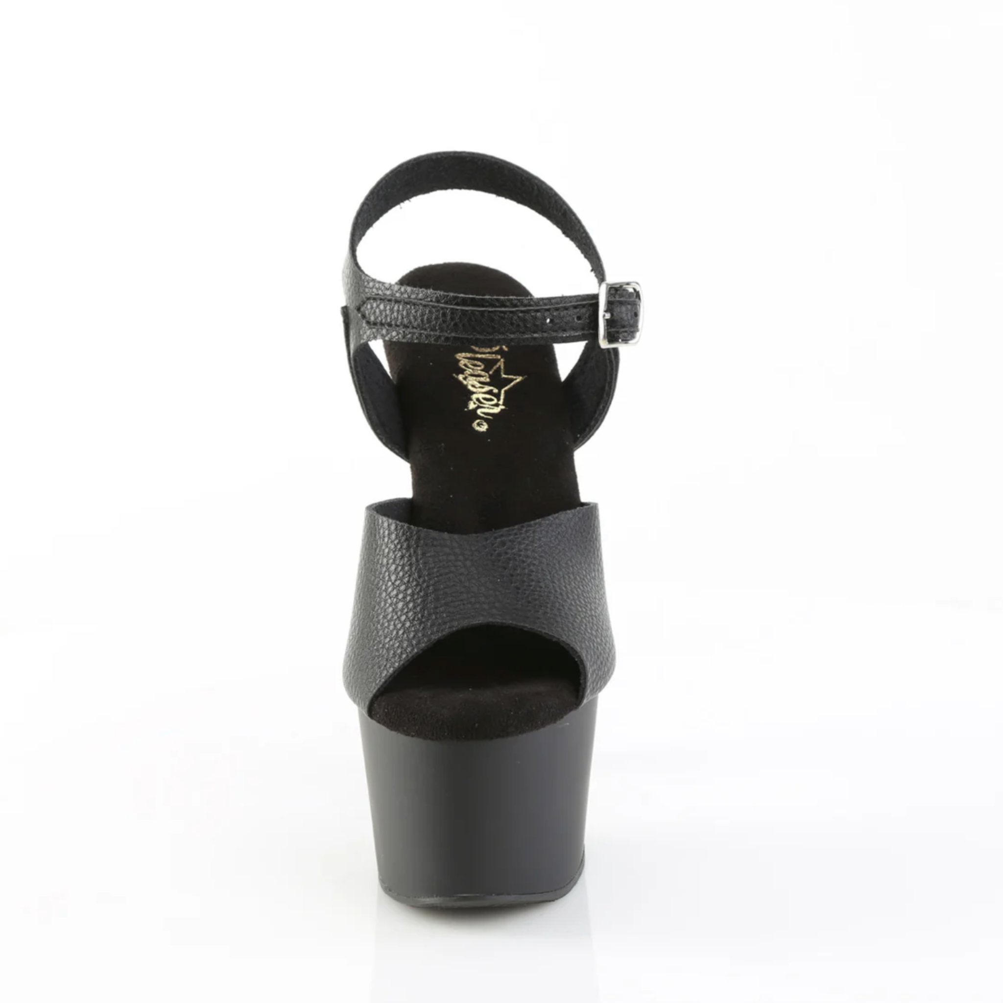 Textured vegan faux leather platform sandals, 7-inch high heel slip-on design, edgy statement footwear for fetish, club, or stage wear.