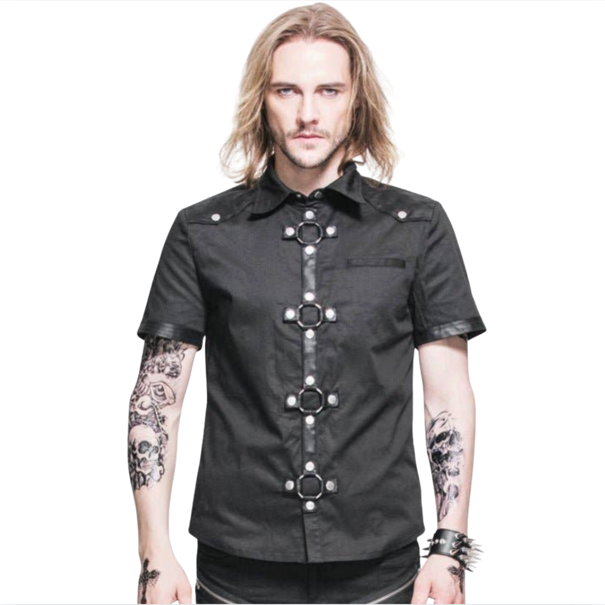 the black wave t-shirt modern goth shirt chrome buttons faux leather trim o-ring cross detail slim fit collared dark aesthetic fetish fashion