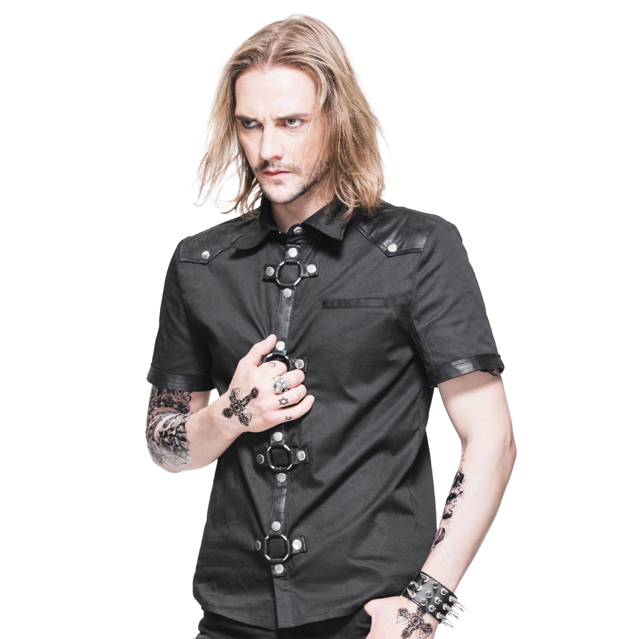 Polyester faux-leather PU-leather apparel top shirt short-sleeve collared split-collar turndown-collar button-up button-down button-placket snap-button press-stud O-ring studs studded cross breast-pocket D-ring back-yoke rounded-hem slim-fit soft stretchy unique versatile sleek modern edgy comfortable breathable bold attitude fetish fashion alt-fashion alternative punk goth gothic dark-romanticism industrial casual festival clubwear clubbing male masculine masc mens menswear guys dudes black