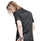 Polyester faux-leather PU-leather apparel top shirt short-sleeve collared split-collar turndown-collar button-up button-down button-placket snap-button press-stud O-ring studs studded cross breast-pocket D-ring back-yoke rounded-hem slim-fit soft stretchy unique versatile sleek modern edgy comfortable breathable bold attitude fetish fashion alt-fashion alternative punk goth gothic dark-romanticism industrial casual festival clubwear clubbing male masculine masc mens menswear guys dudes black