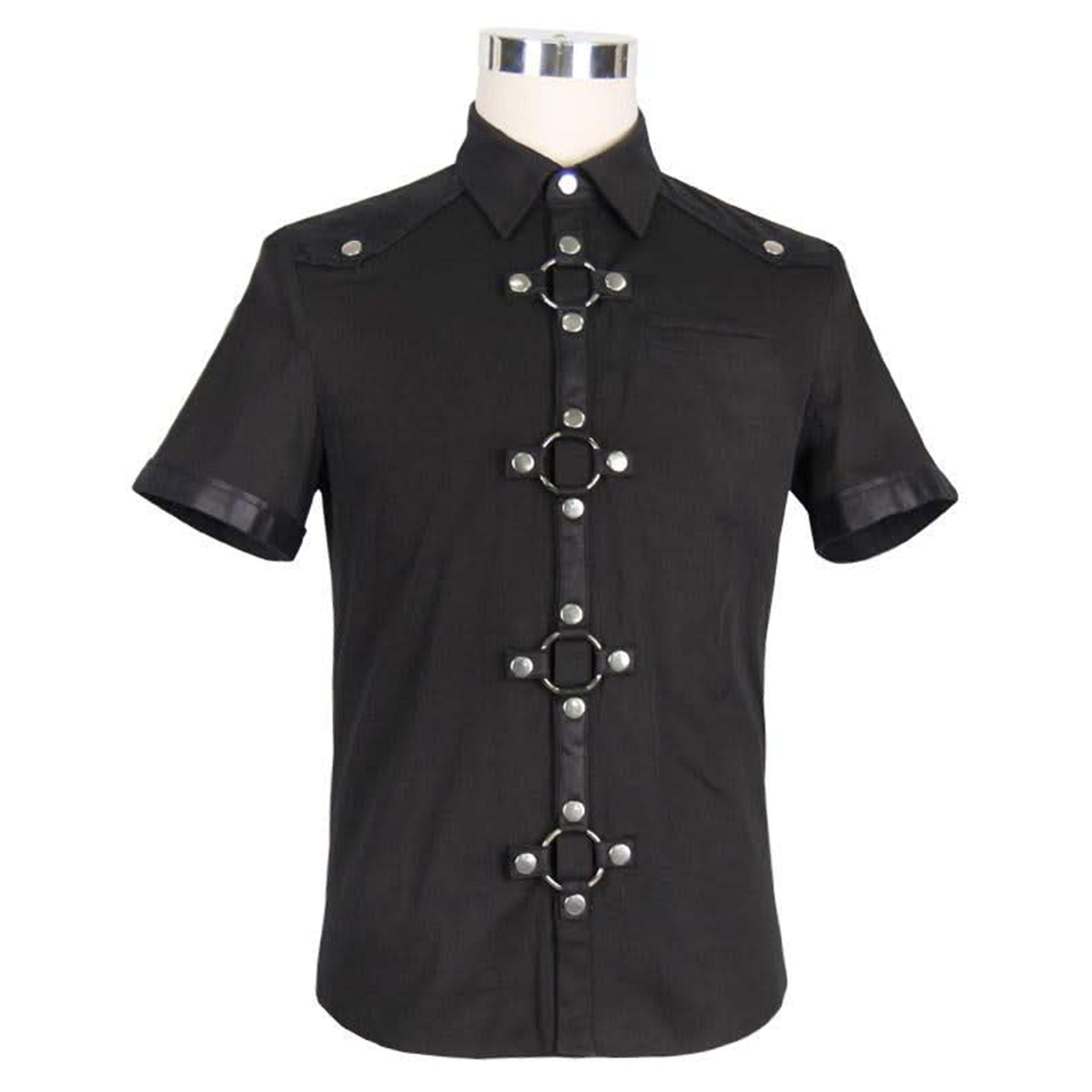 Polyester faux-leather PU-leather apparel top shirt short-sleeve collared split-collar turndown-collar button-up button-down button-placket snap-button press-stud O-ring studs studded cross breast-pocket D-ring back-yoke rounded-hem slim-fit soft stretchy unique versatile sleek modern edgy comfortable breathable bold attitude fetish fashion alt-fashion alternative punk goth gothic dark-romanticism industrial casual festival clubwear clubbing male masculine masc mens menswear guys dudes black