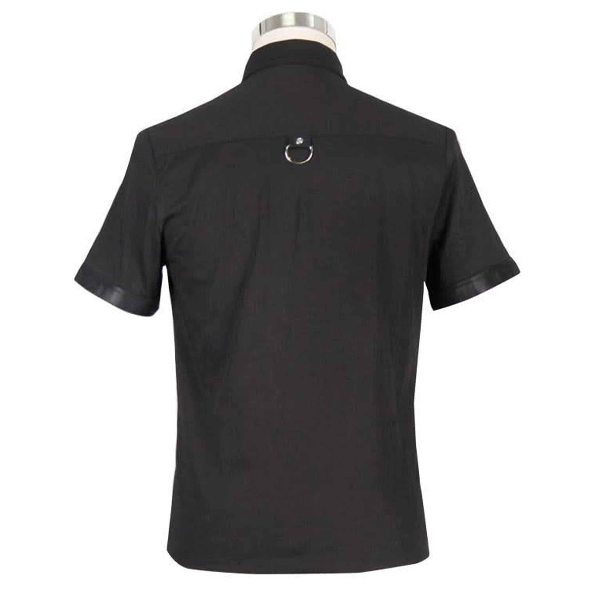 Polyester faux-leather PU-leather apparel top shirt short-sleeve collared split-collar turndown-collar button-up button-down button-placket snap-button press-stud O-ring studs studded cross breast-pocket D-ring back-yoke rounded-hem slim-fit soft stretchy unique versatile sleek modern edgy comfortable breathable bold attitude fetish fashion alt-fashion alternative punk goth gothic dark-romanticism industrial casual festival clubwear clubbing male masculine masc mens menswear guys dudes black