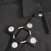 Polyester faux-leather PU-leather apparel top shirt short-sleeve collared split-collar turndown-collar button-up button-down button-placket snap-button press-stud O-ring studs studded cross breast-pocket D-ring back-yoke rounded-hem slim-fit soft stretchy unique versatile sleek modern edgy comfortable breathable bold attitude fetish fashion alt-fashion alternative punk goth gothic dark-romanticism industrial casual festival clubwear clubbing male masculine masc mens menswear guys dudes black