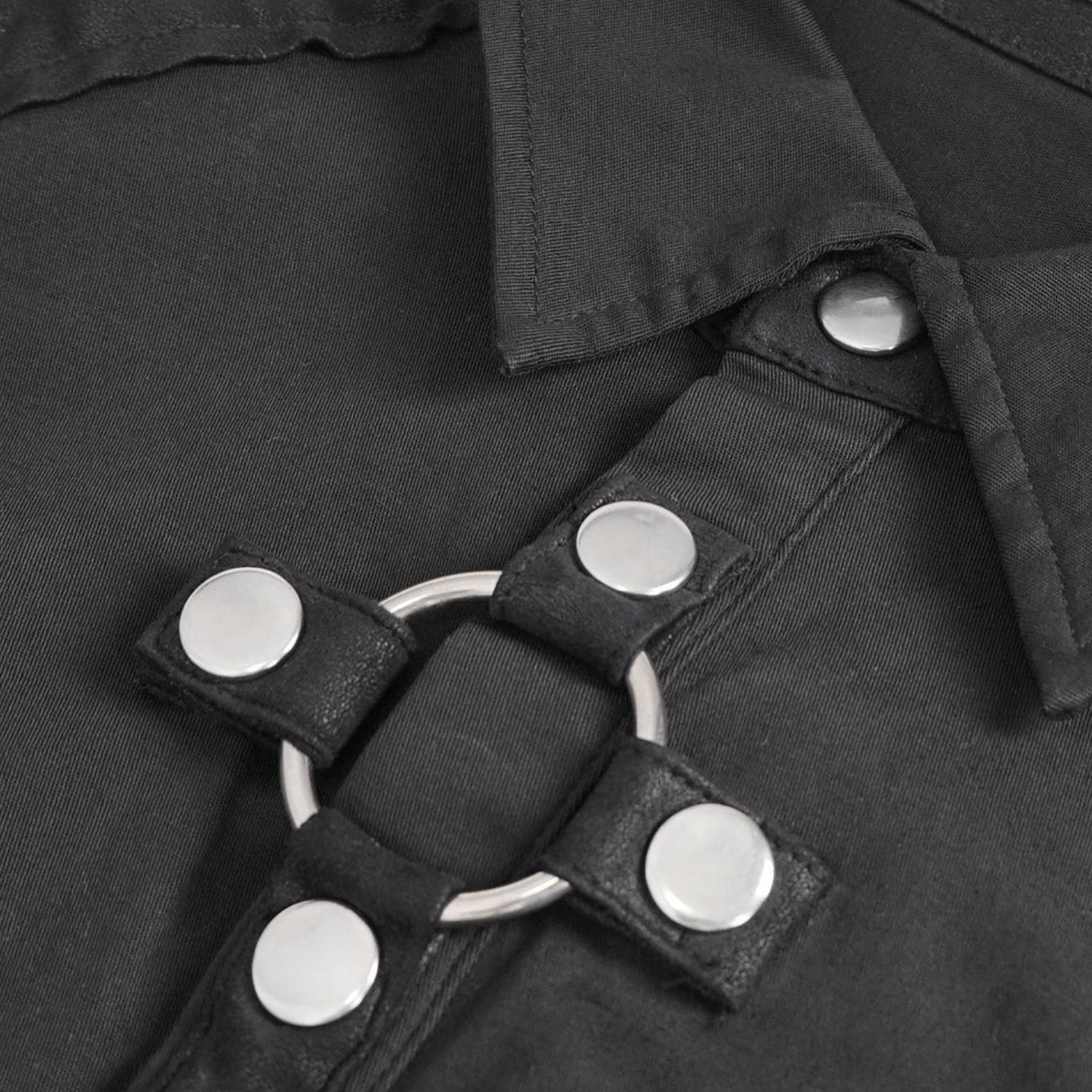 Polyester faux-leather PU-leather apparel top shirt short-sleeve collared split-collar turndown-collar button-up button-down button-placket snap-button press-stud O-ring studs studded cross breast-pocket D-ring back-yoke rounded-hem slim-fit soft stretchy unique versatile sleek modern edgy comfortable breathable bold attitude fetish fashion alt-fashion alternative punk goth gothic dark-romanticism industrial casual festival clubwear clubbing male masculine masc mens menswear guys dudes black
