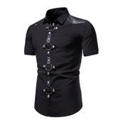 the black wave t-shirt modern goth shirt chrome buttons faux leather trim o-ring cross detail slim fit collared dark aesthetic fetish fashion
