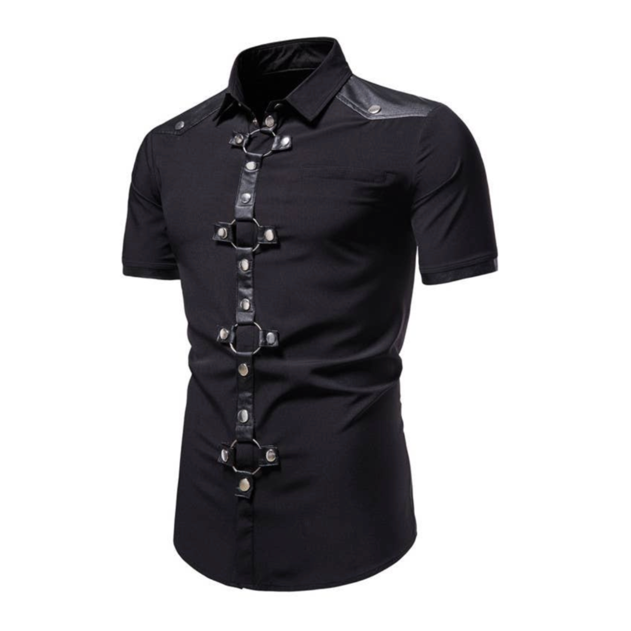the black wave t-shirt modern goth shirt chrome buttons faux leather trim o-ring cross detail slim fit collared dark aesthetic fetish fashion
