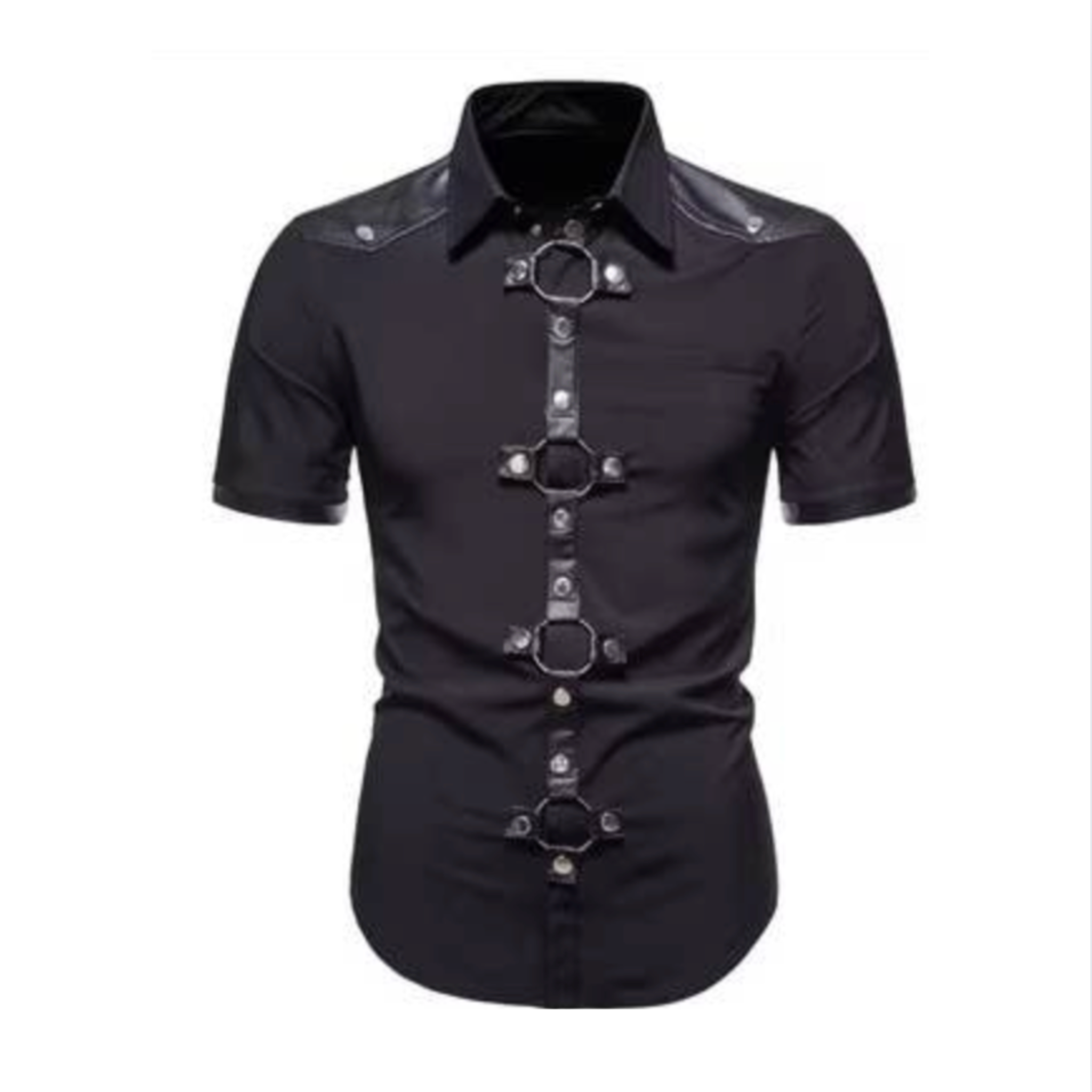 the black wave t-shirt modern goth shirt chrome buttons faux leather trim o-ring cross detail slim fit collared dark aesthetic fetish fashion