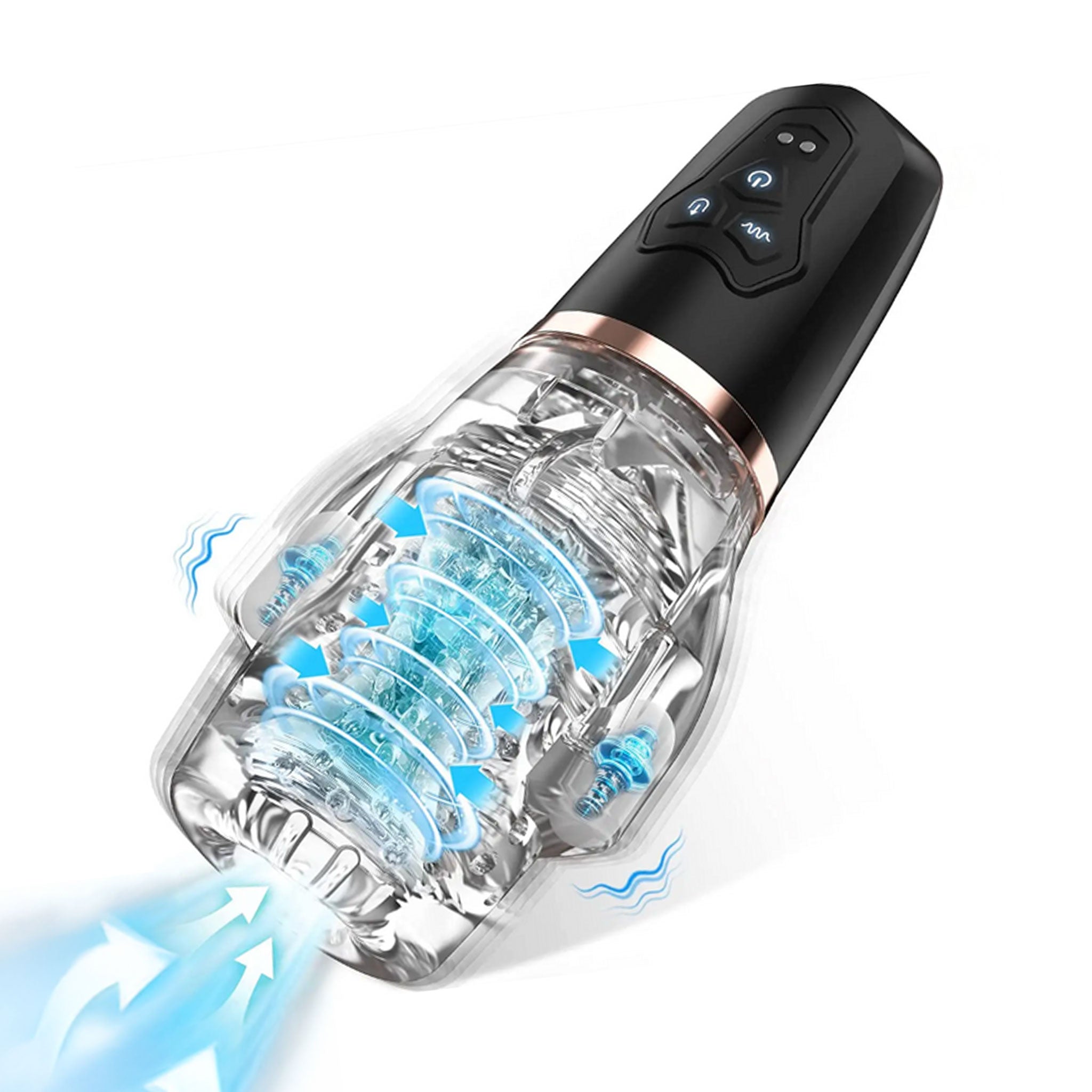 TPE ABS-plastic silicone sucking suction vibe vibrating vibration vibrator masturbator masturbation stroking stroker stimulating stimulation stimulator stim dual-motor side-motor inner-canal extended-sleeve textured-sleeve 3d textured nubs ejaculation delay-training multi-frequency soft stretchy blowjob blow-job oral-sex fellatio gawk gawk-gawk adult-toys male masculine masc mens guys dudes black silver