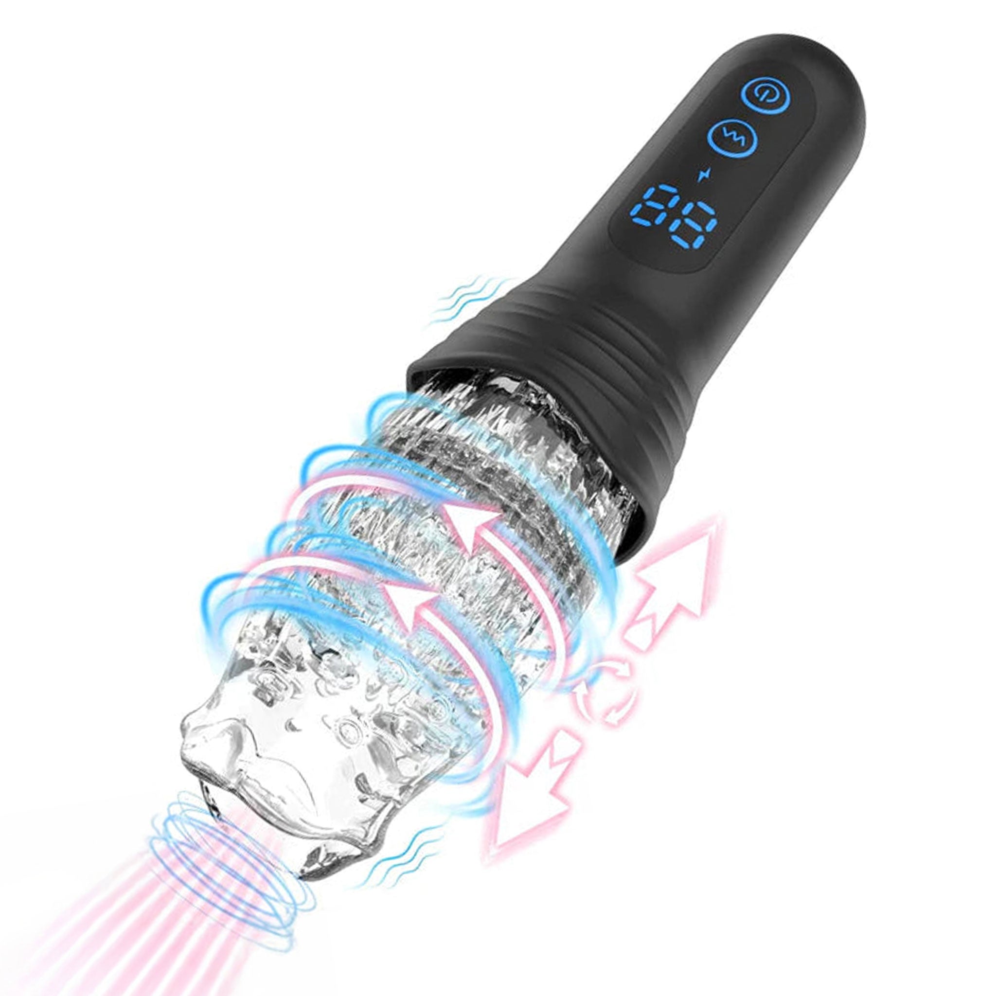 TPE stim stimulation stimulator stimulating vibration vibe vibrating rotating rotation thrusting stroking stroker masturbator 360-degree all-encompassing multi-frequency oral-sex blowjob blow-job sucking robotic textured-sleeve friction 3d-texture pleasure-nubs textured-lining mouth-shaped detachable-cup removable-sleeve sensory sensation stretchy portable handheld hand-held adult-toys male masculine masc mens guys dudes black clear