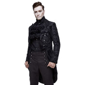 Polyester jacquard apparel outerwear coat overcoat jacket long-sleeve sleeves sleeved tail-coat riding-coat swallow-tail embossed damask zipper front-zip mock-backstrap fashion alt-fashion alternative goth gothic regency spencer victorian fantasy festival renfaire reniassance roleplay role-play equestrian nobleman mr-darcy costume cosplay halloween halloween-costumes halloween-accessories vampire male masc masculine mens menswear guys dudes unisex black