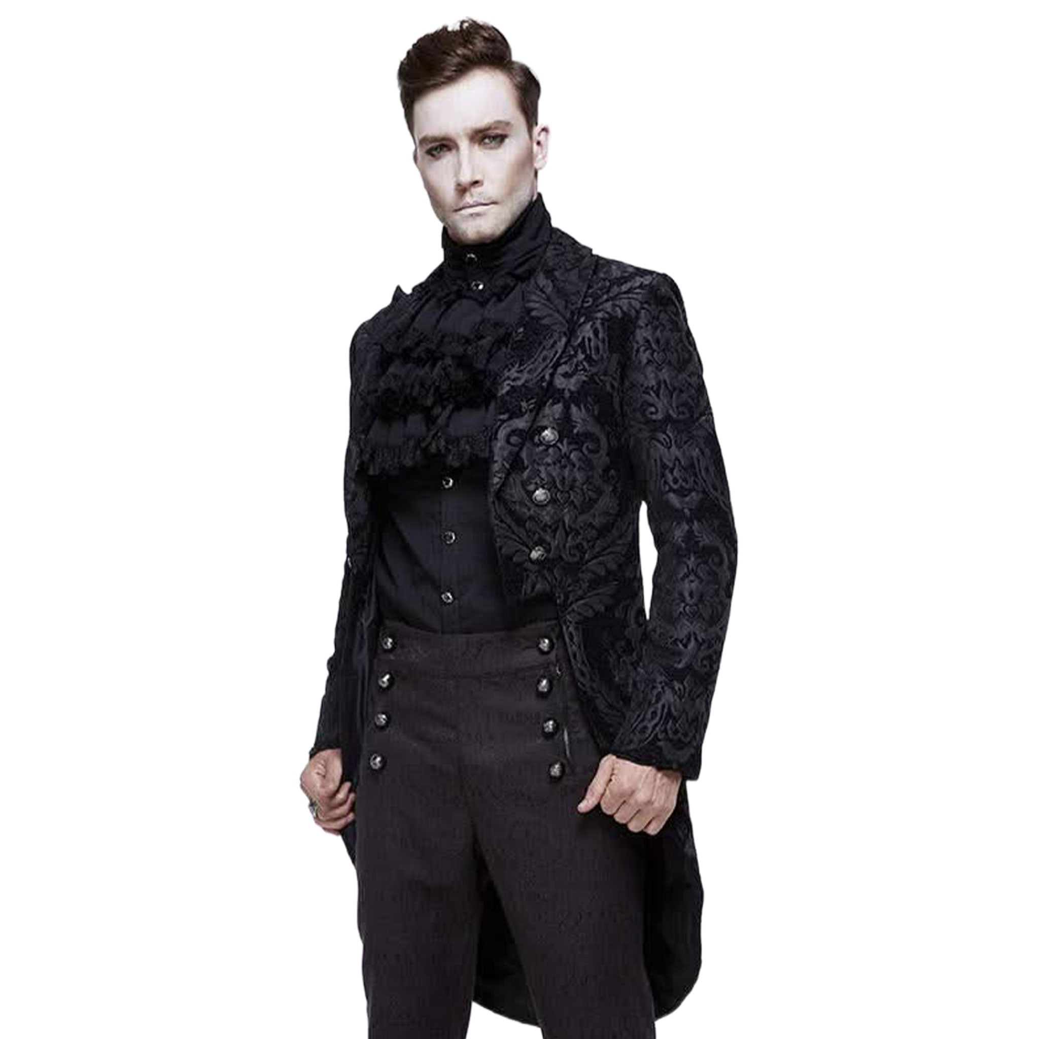 Polyester jacquard apparel outerwear coat overcoat jacket long-sleeve sleeves sleeved tail-coat riding-coat swallow-tail embossed damask zipper front-zip mock-backstrap fashion alt-fashion alternative goth gothic regency spencer victorian fantasy festival renfaire reniassance roleplay role-play equestrian nobleman mr-darcy costume cosplay halloween halloween-costumes halloween-accessories vampire male masc masculine mens menswear guys dudes unisex black