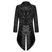 Polyester jacquard apparel outerwear coat overcoat jacket long-sleeve sleeves sleeved tail-coat riding-coat swallow-tail embossed damask zipper front-zip mock-backstrap fashion alt-fashion alternative goth gothic regency spencer victorian fantasy festival renfaire reniassance roleplay role-play equestrian nobleman mr-darcy costume cosplay halloween halloween-costumes halloween-accessories vampire male masc masculine mens menswear guys dudes unisex black