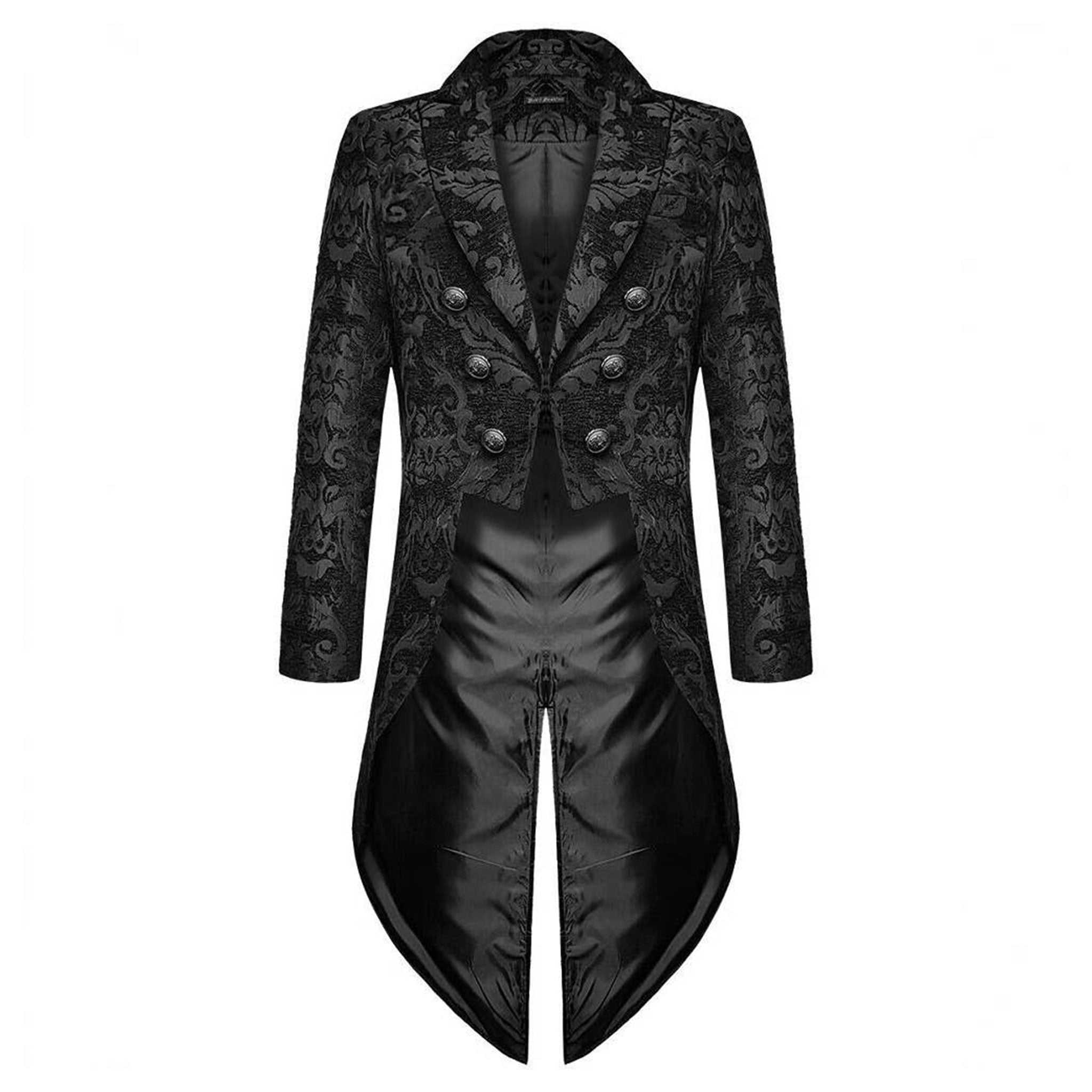 Polyester jacquard apparel outerwear coat overcoat jacket long-sleeve sleeves sleeved tail-coat riding-coat swallow-tail embossed damask zipper front-zip mock-backstrap fashion alt-fashion alternative goth gothic regency spencer victorian fantasy festival renfaire reniassance roleplay role-play equestrian nobleman mr-darcy costume cosplay halloween halloween-costumes halloween-accessories vampire male masc masculine mens menswear guys dudes unisex black
