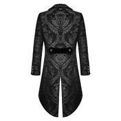 Polyester jacquard apparel outerwear coat overcoat jacket long-sleeve sleeves sleeved tail-coat riding-coat swallow-tail embossed damask zipper front-zip mock-backstrap fashion alt-fashion alternative goth gothic regency spencer victorian fantasy festival renfaire reniassance roleplay role-play equestrian nobleman mr-darcy costume cosplay halloween halloween-costumes halloween-accessories vampire male masc masculine mens menswear guys dudes unisex black