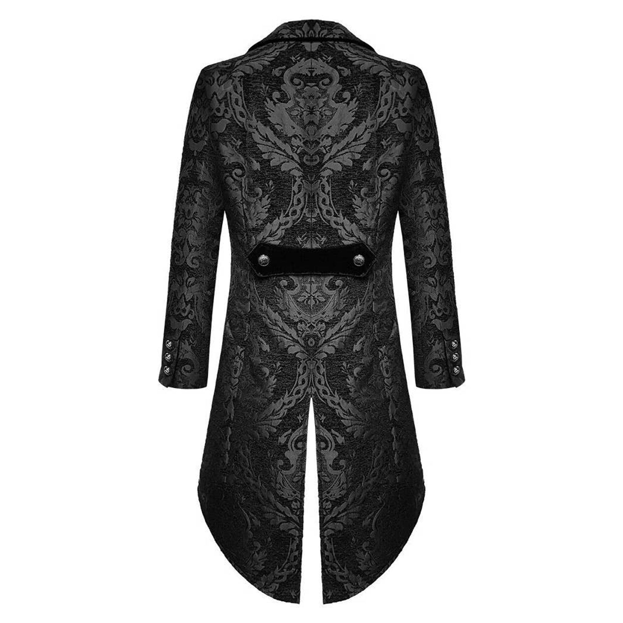 Polyester jacquard apparel outerwear coat overcoat jacket long-sleeve sleeves sleeved tail-coat riding-coat swallow-tail embossed damask zipper front-zip mock-backstrap fashion alt-fashion alternative goth gothic regency spencer victorian fantasy festival renfaire reniassance roleplay role-play equestrian nobleman mr-darcy costume cosplay halloween halloween-costumes halloween-accessories vampire male masc masculine mens menswear guys dudes unisex black