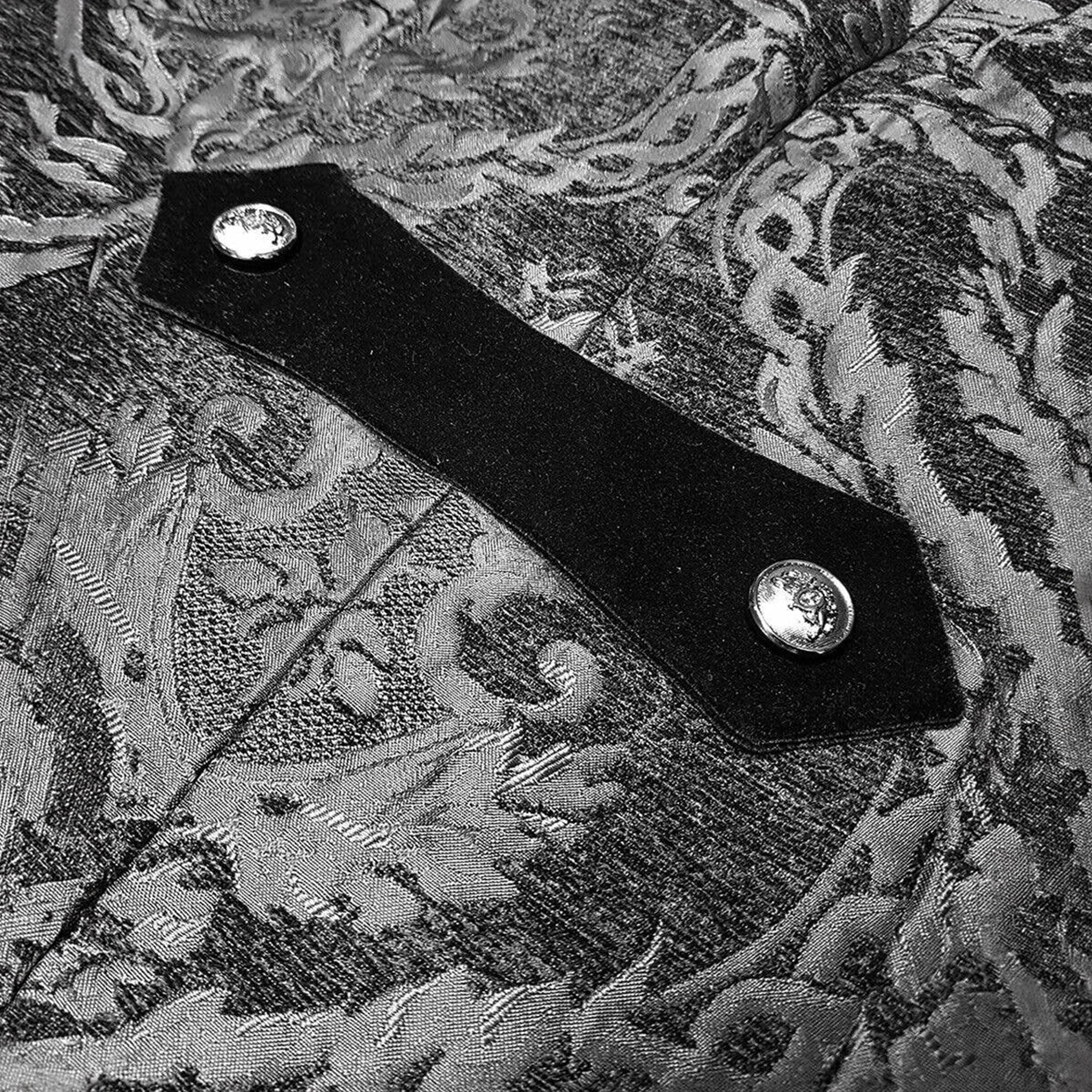 Polyester jacquard apparel outerwear coat overcoat jacket long-sleeve sleeves sleeved tail-coat riding-coat swallow-tail embossed damask zipper front-zip mock-backstrap fashion alt-fashion alternative goth gothic regency spencer victorian fantasy festival renfaire reniassance roleplay role-play equestrian nobleman mr-darcy costume cosplay halloween halloween-costumes halloween-accessories vampire male masc masculine mens menswear guys dudes unisex black