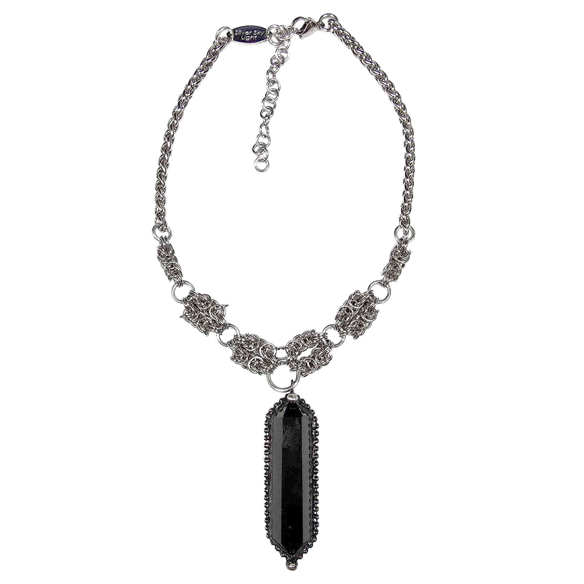 Onyx crystal stainless-steel copper electroplated-copper nickel-free allergy-free accessories jewelry necklace choker pendant double-terminated double-point byzantine maille chainmail wheat-braid chain lobster-clasp O-ring gem gemstone spiritual-jewelry gemstone-jewelry boho bohemian boho-chic goth gothic witch wicca urban celt celtic fairy rocker biker stylish luxury date-night festival casual going-out party clubbing medieval rennaisance renfaire hippie holiday gift unisex black silver 