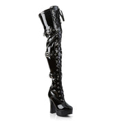 Thigh high boots vegan patent leather ribbon lace-up buckle straps 5 inch heel 1.5 inch platform fetish footwear Fetish Factory