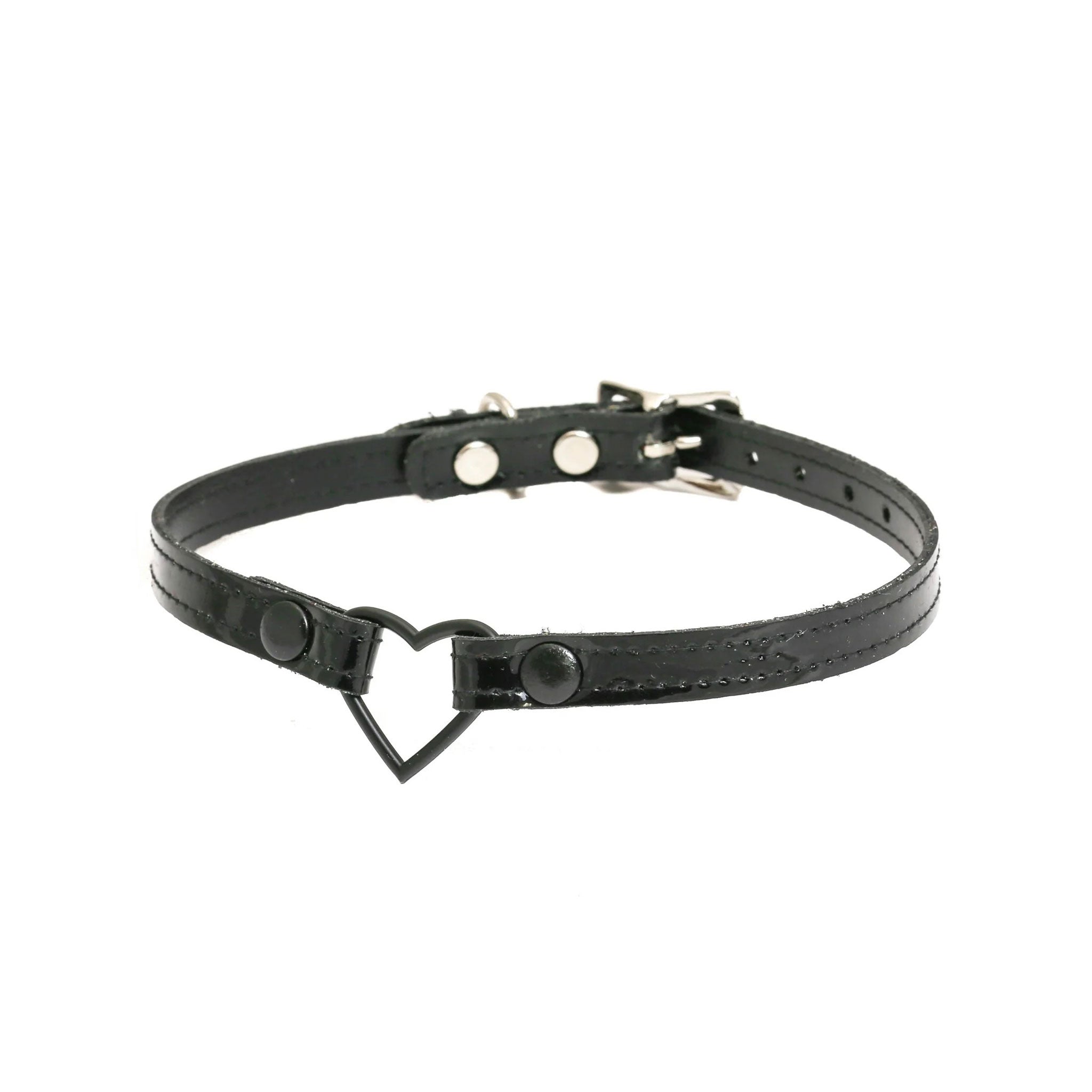Leather patent shiny collar choker thin O-ring heart-shaped adjustable buckle fetish fashion pup-play pet-play punk goth gothic rave rave-wear accessories black