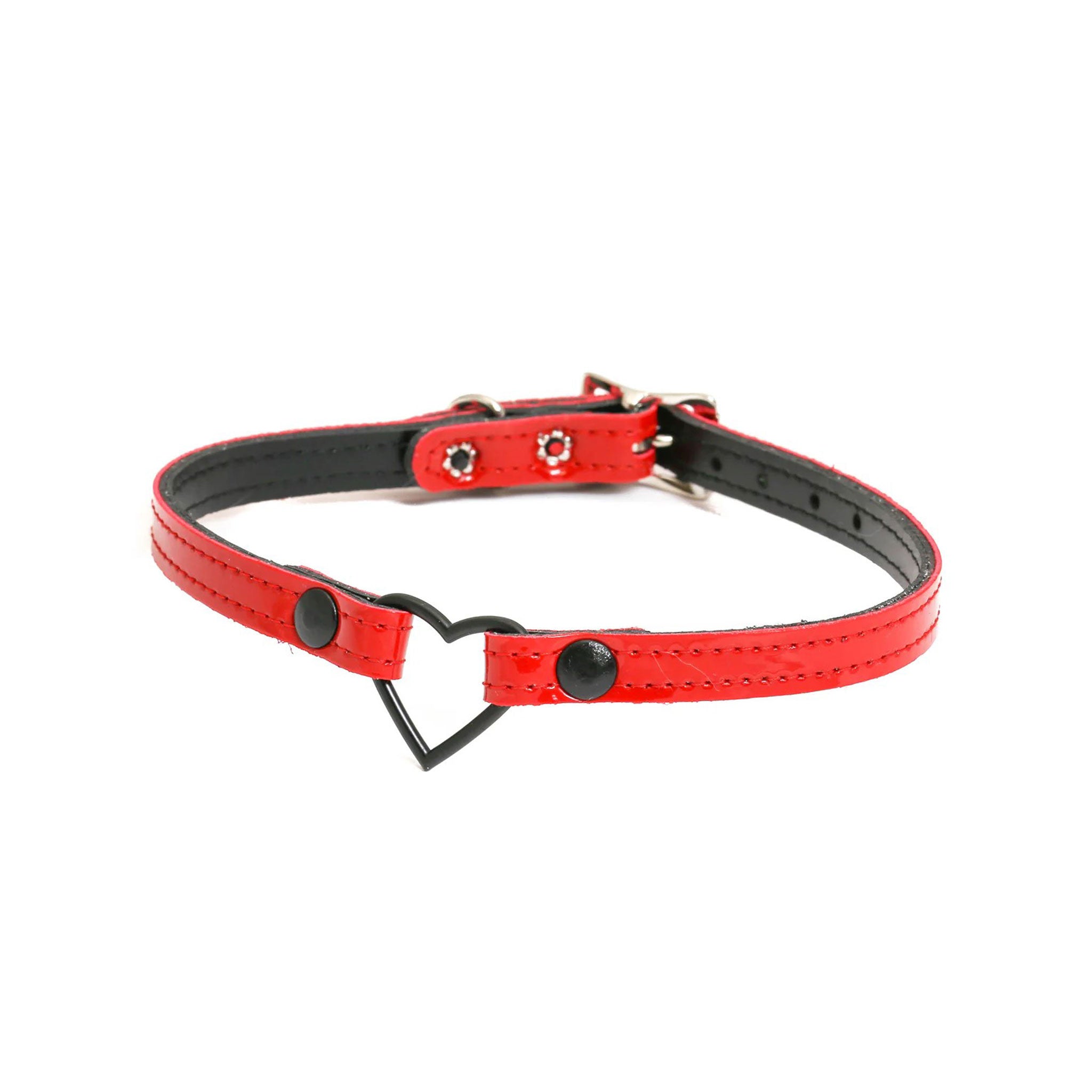 Leather patent shiny collar choker thin O-ring heart-shaped adjustable buckle fetish fashion pup-play pet-play punk goth gothic rave rave-wear accessories red