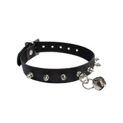 Leather accessories collar choker thin-strap D-ring O-ring spiked spike spikes spike-studded spike-studs bell-charm jingle-bell sleigh-bell edgy adjustable buckle buckle-clasp fetish fashion alt-fashion bondage bdsm bdsm-gear bdsm-toys submissive sub slave kink kinky kink-toys kinky-play pet-play pet-training kitty kitten cat catgirl pup puppy pup-play furry yiff unisex black