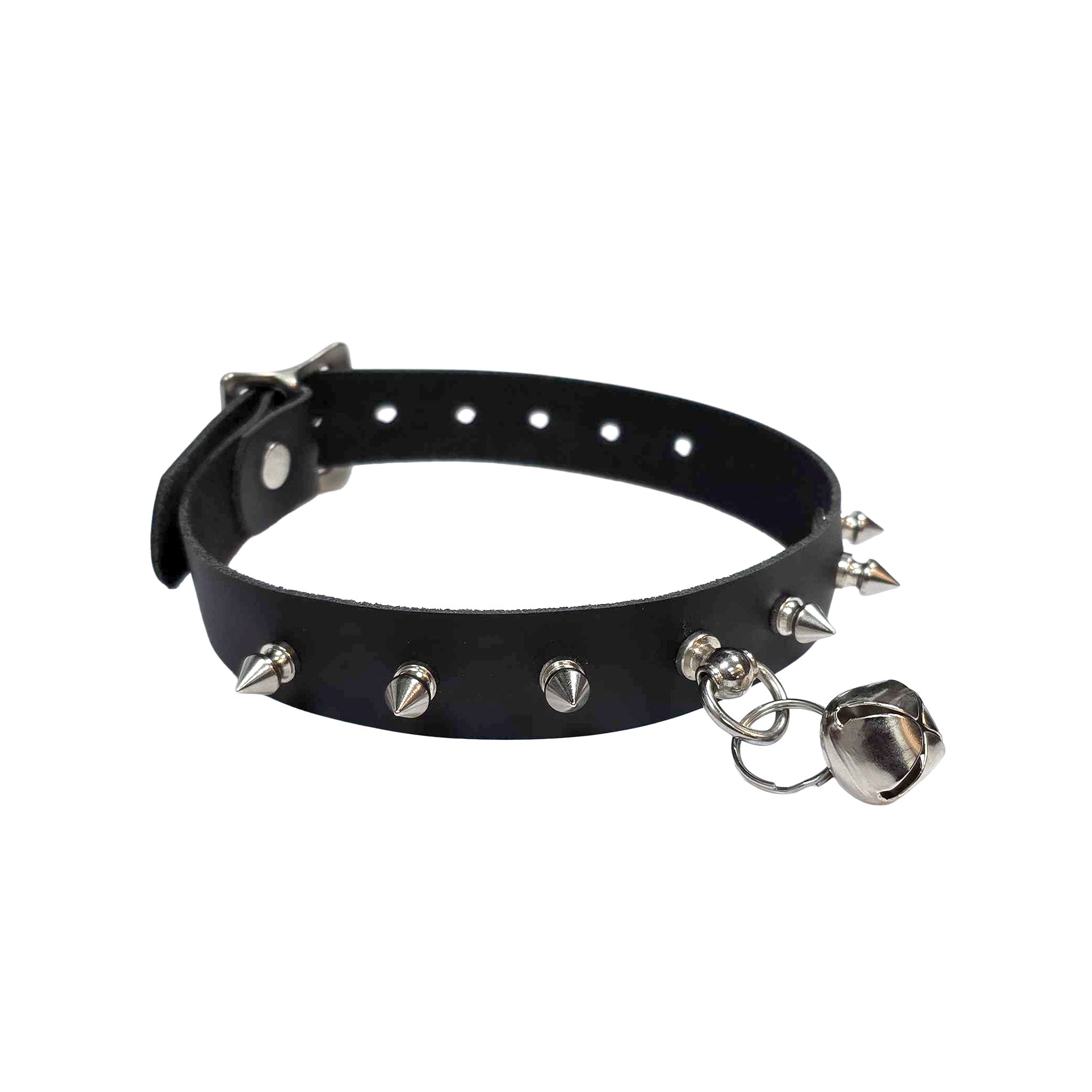 Leather accessories collar choker thin-strap D-ring O-ring spiked spike spikes spike-studded spike-studs bell-charm jingle-bell sleigh-bell edgy adjustable buckle buckle-clasp fetish fashion alt-fashion bondage bdsm bdsm-gear bdsm-toys submissive sub slave kink kinky kink-toys kinky-play pet-play pet-training kitty kitten cat catgirl pup puppy pup-play furry yiff unisex black
