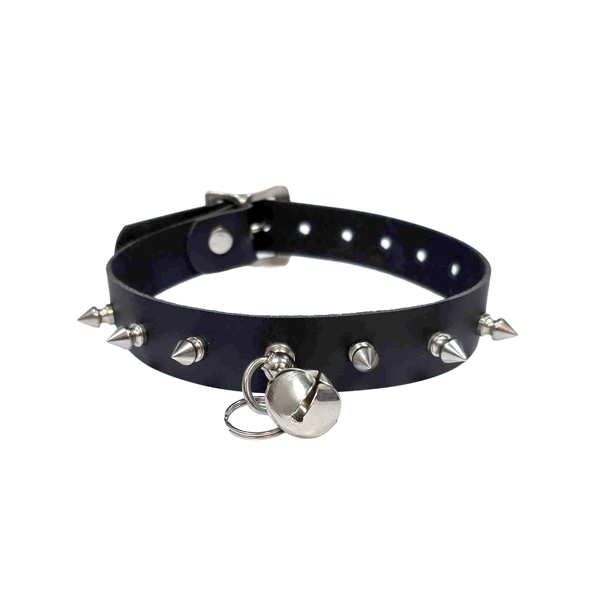 Leather accessories collar choker thin-strap D-ring O-ring spiked spike spikes spike-studded spike-studs bell-charm jingle-bell sleigh-bell edgy adjustable buckle buckle-clasp fetish fashion alt-fashion bondage bdsm bdsm-gear bdsm-toys submissive sub slave kink kinky kink-toys kinky-play pet-play pet-training kitty kitten cat catgirl pup puppy pup-play furry yiff unisex black