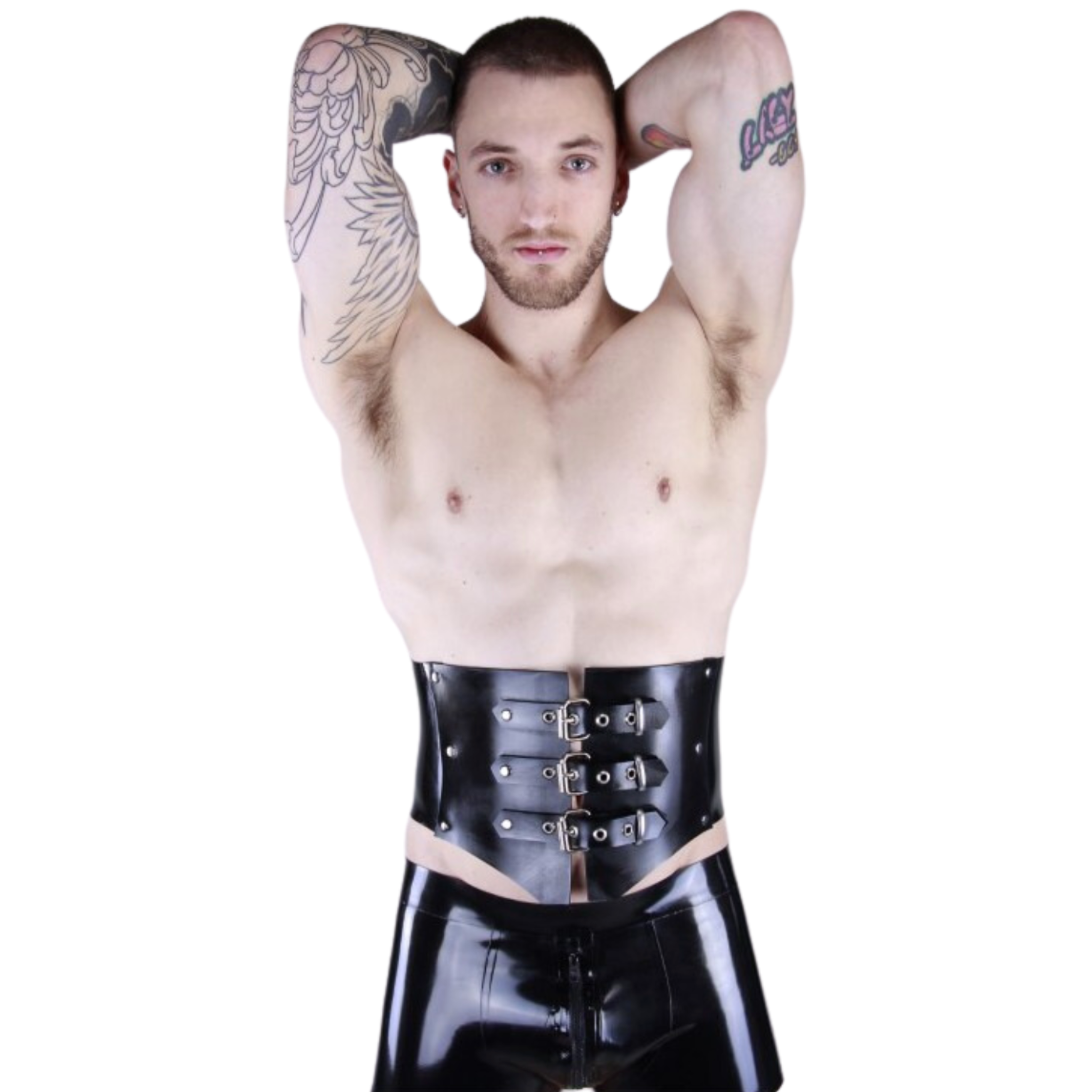 Latex waist cincher, neoprene panels, adjustable buckles, back laces, fetish corset accessory, durable and stretchy latex.