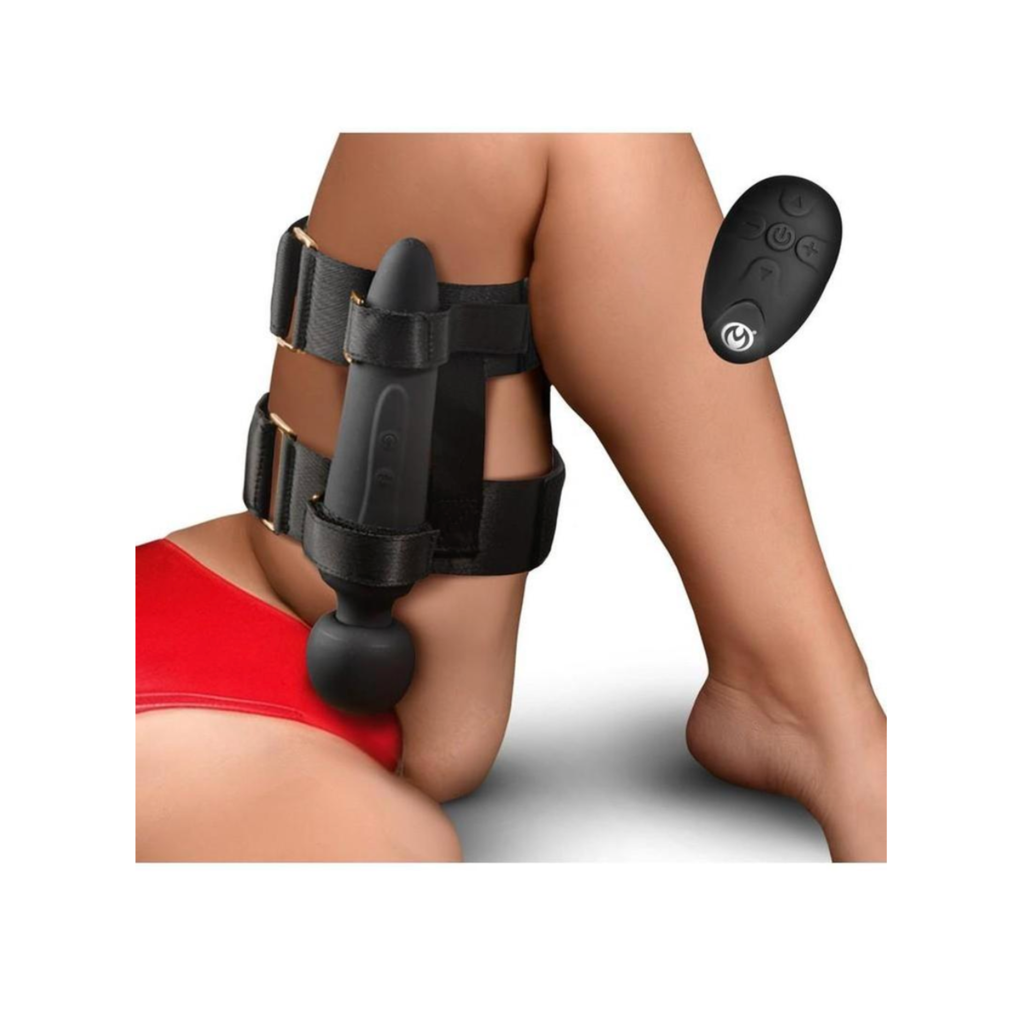 thunderstick thigh strap vibrating wand black silicone wearable wand harness adjustable straps remote control rechargeable adult toy hands free vibration device body safe silicone