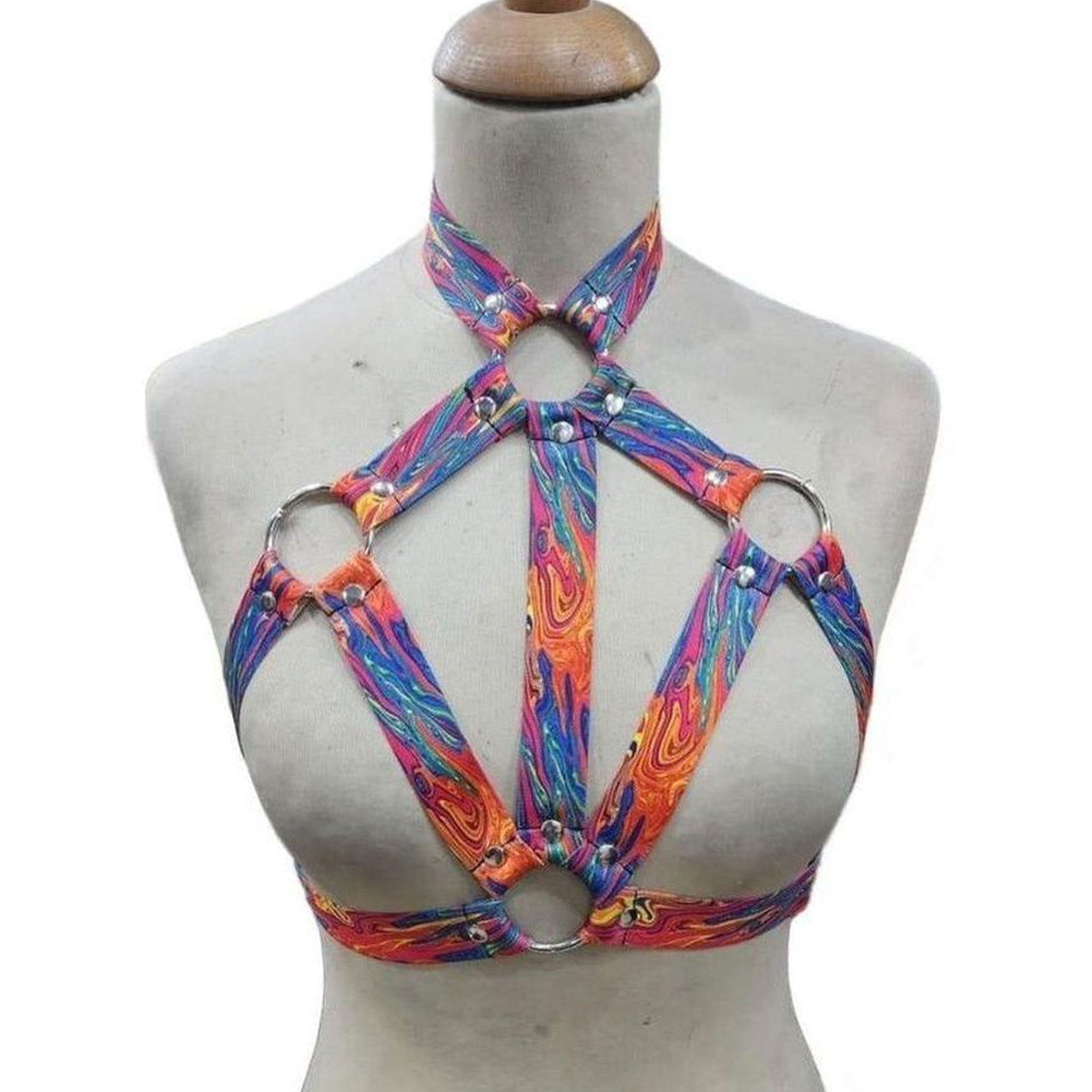 Elastic accessories harness chest-harness riveted O-ring body-hugging pull-over pull-on halter sleeveless open-back stretchy colorful fetish fashion alt-fashion tropical beachwear dancewear clubwear festivalwear rave raver-babe ravewear bondage bdsm bdsm-gear kink kinky kinkwear costume cosplay halloween female femme feminine womens tie-dye tiedye multicolor