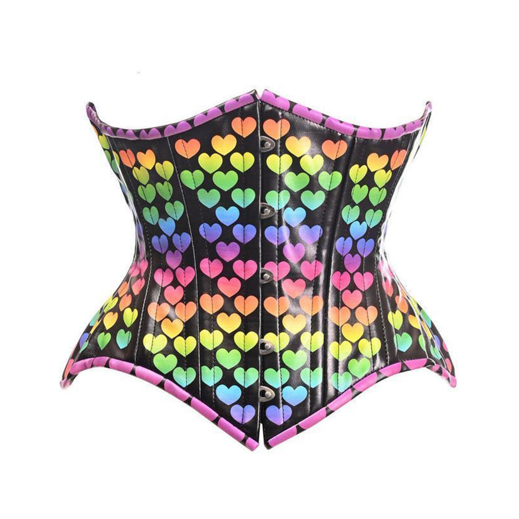 Leather faux-leather cotton-twill twill-lining nickel-brass nylon-cording apparel top corset cincher curvy-cut steel-boning double-steel spiral-steel static-steel sublimated-dye underbust under-bust lace-up back-lacing busk-closure front-busk sexy fun playful fetish fashion alt-fashion festivalwear kink kinky kinkwear costume cosplay halloween female femme feminine women black heart-print rainbow multicolor pride lgbtq gay love 
